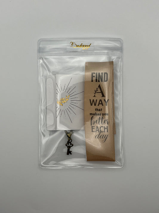 INSPIRATIONAL – “Find a way that makes you better each day” - Beige Satin Reusable Adhesive Bookmark with a Charm (Bronze Key)