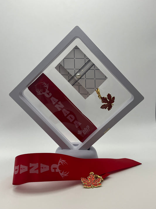 “CANADA, eh?” – Red Satin Reusable Adhesive Bookmark with a Charm (Canadian Maple Leaf) in Gift Box