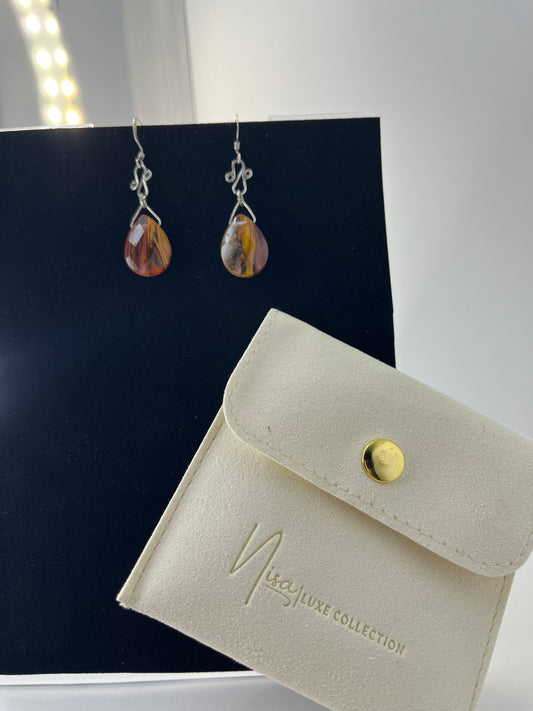 Galaxy Stone – Orange Brown Light Show Luxury Handcrafted Sterling Silver Semi-Precious Tear Drop Earrings