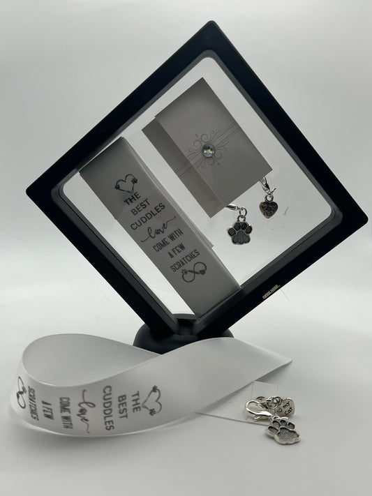 CAT PERSON - “The best cuddles come with a few scratches” - White Satin Reusable Adhesive Book-It™ Bookmark with Two Charms (Paw and Heart My Cat) in Gift Box