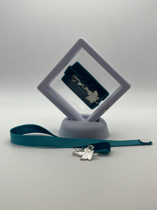 Canadian Maple Leaf – Turquoise Velvet Reusable Adhesive Bookmark with a Charm (Silver Maple Leaf) in a Mini Gift Box