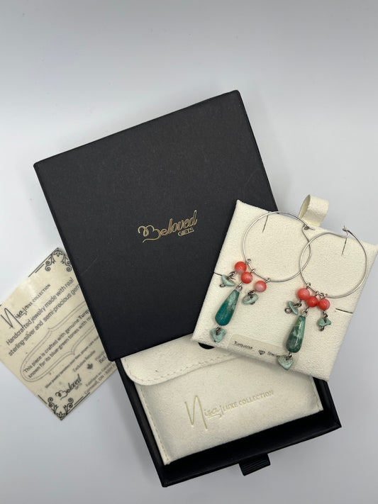 Turquoise – Raindrop Coral Sprinkle Luxury Handcrafted Sterling Silver Semi-Precious Hoop Earrings