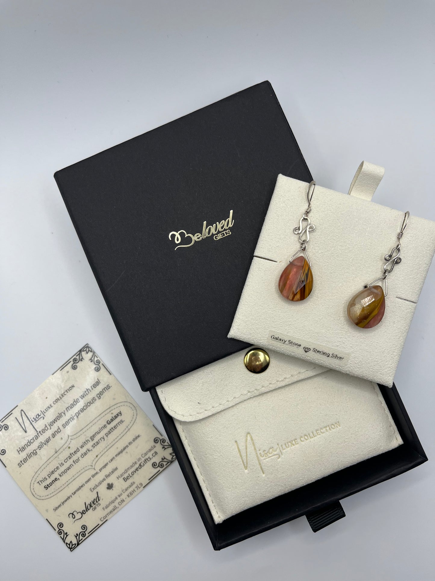 Galaxy Stone – Orange Brown Light Show Luxury Handcrafted Sterling Silver Semi-Precious Tear Drop Earrings