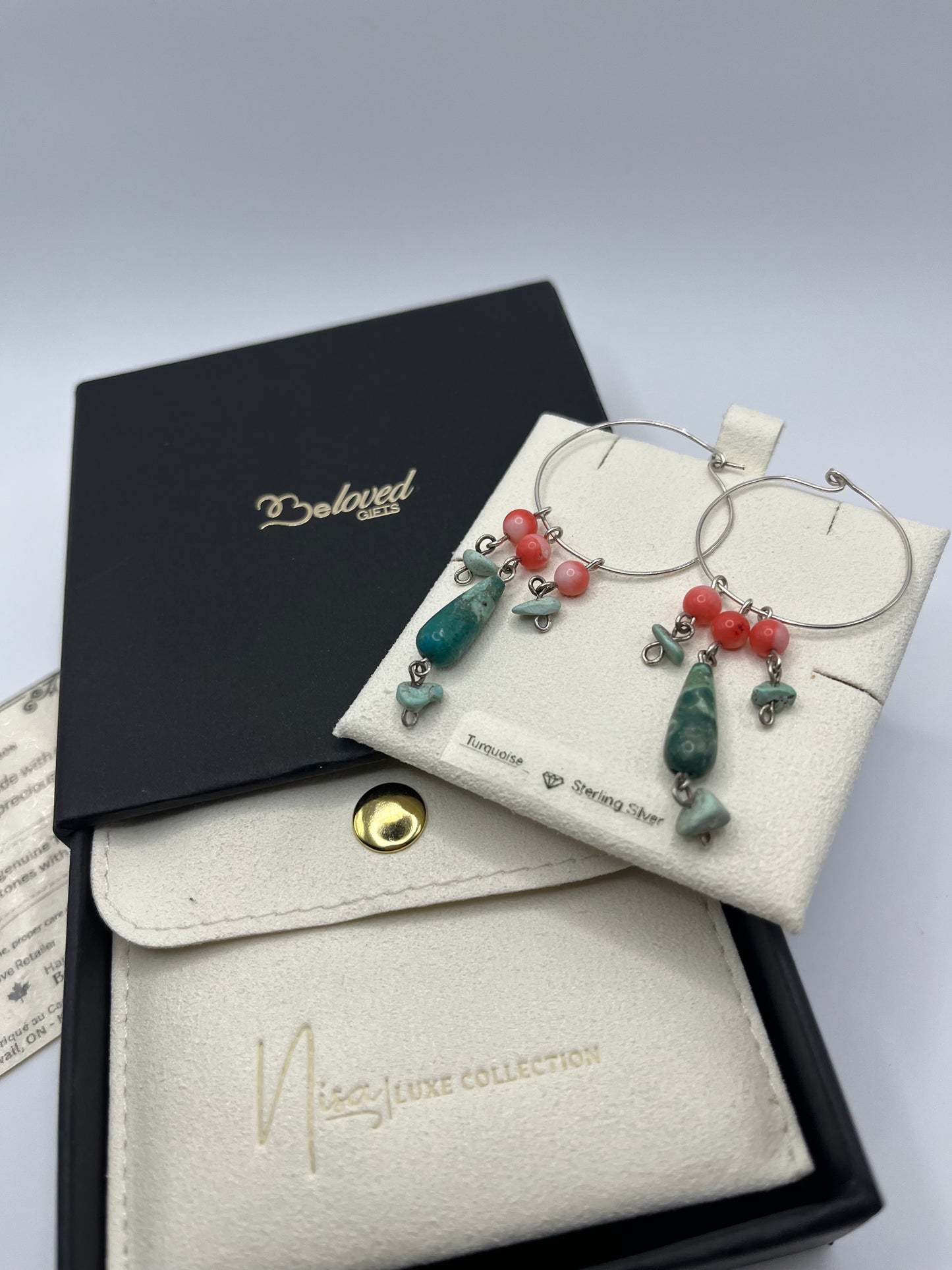 Turquoise – Raindrop Coral Sprinkle Luxury Handcrafted Sterling Silver Semi-Precious Hoop Earrings