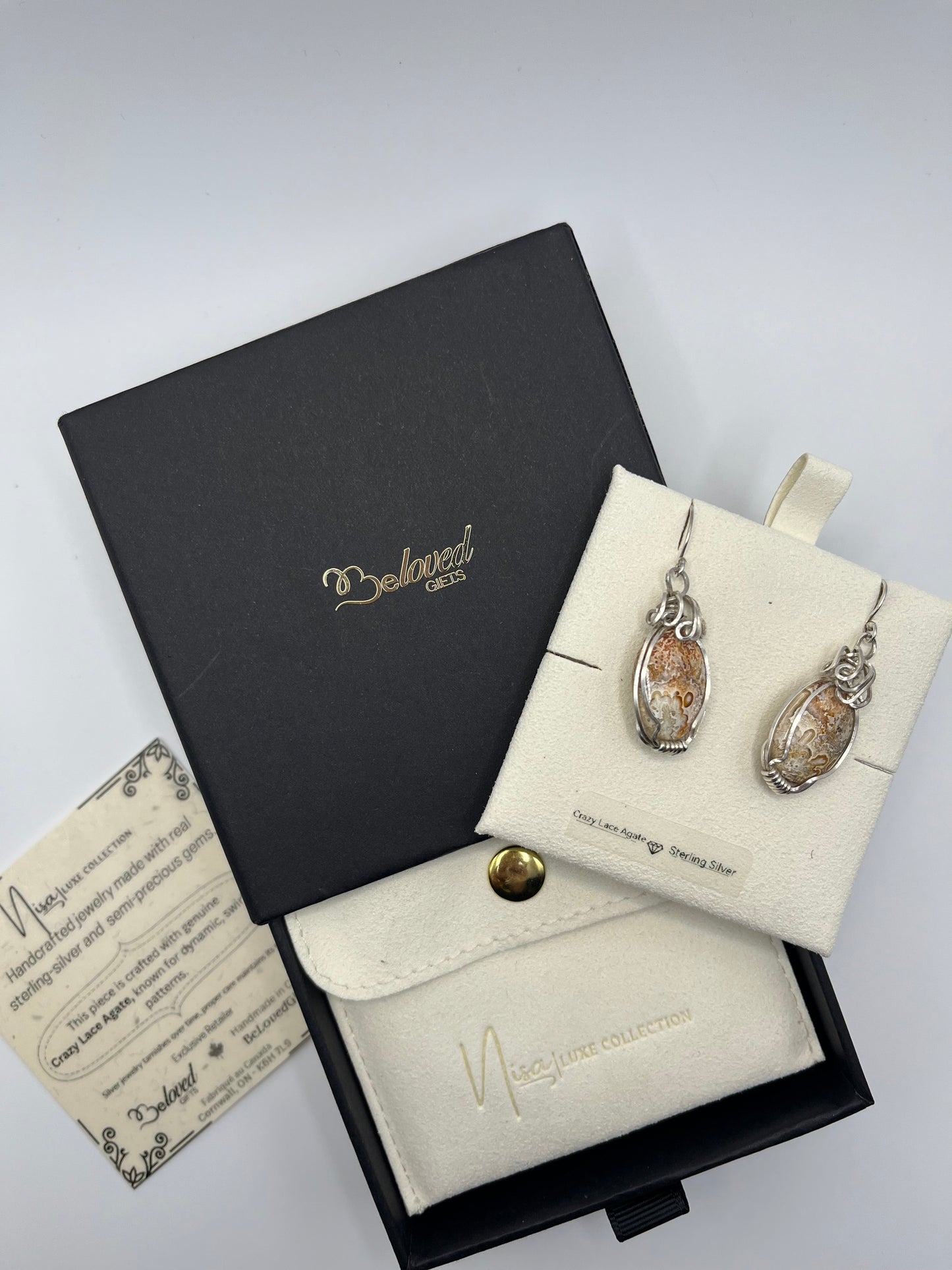 Crazy Lace Agate – Light Brown Grace Luxury Handcrafted Sterling Silver Semi-Precious Tear Drop Earrings