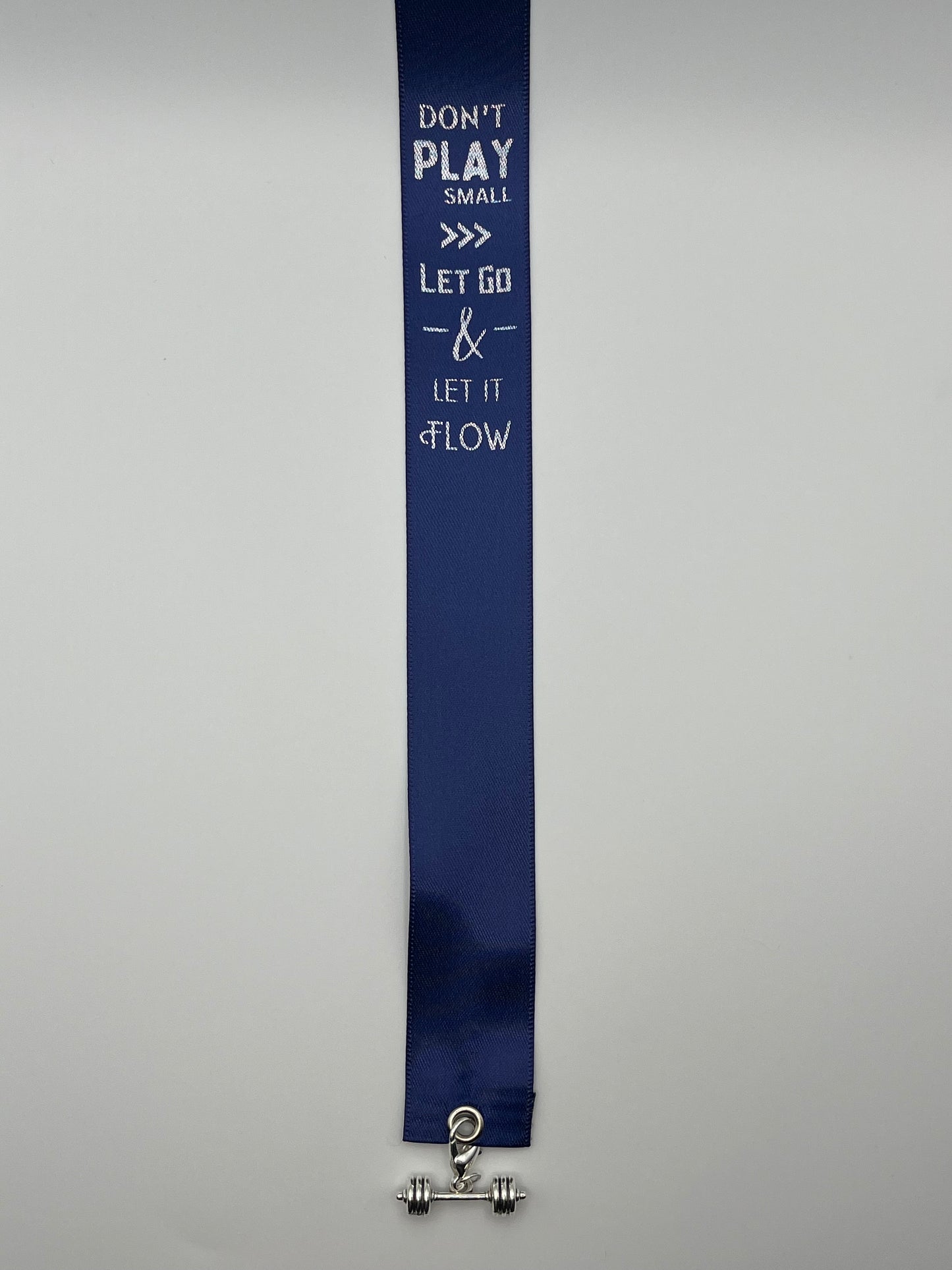 STRENGTH - “Don’t play small, let go & let it flow” – Blue Satin Reusable Adhesive Book-It™ Bookmark with a Charm (weights) in Gift Box