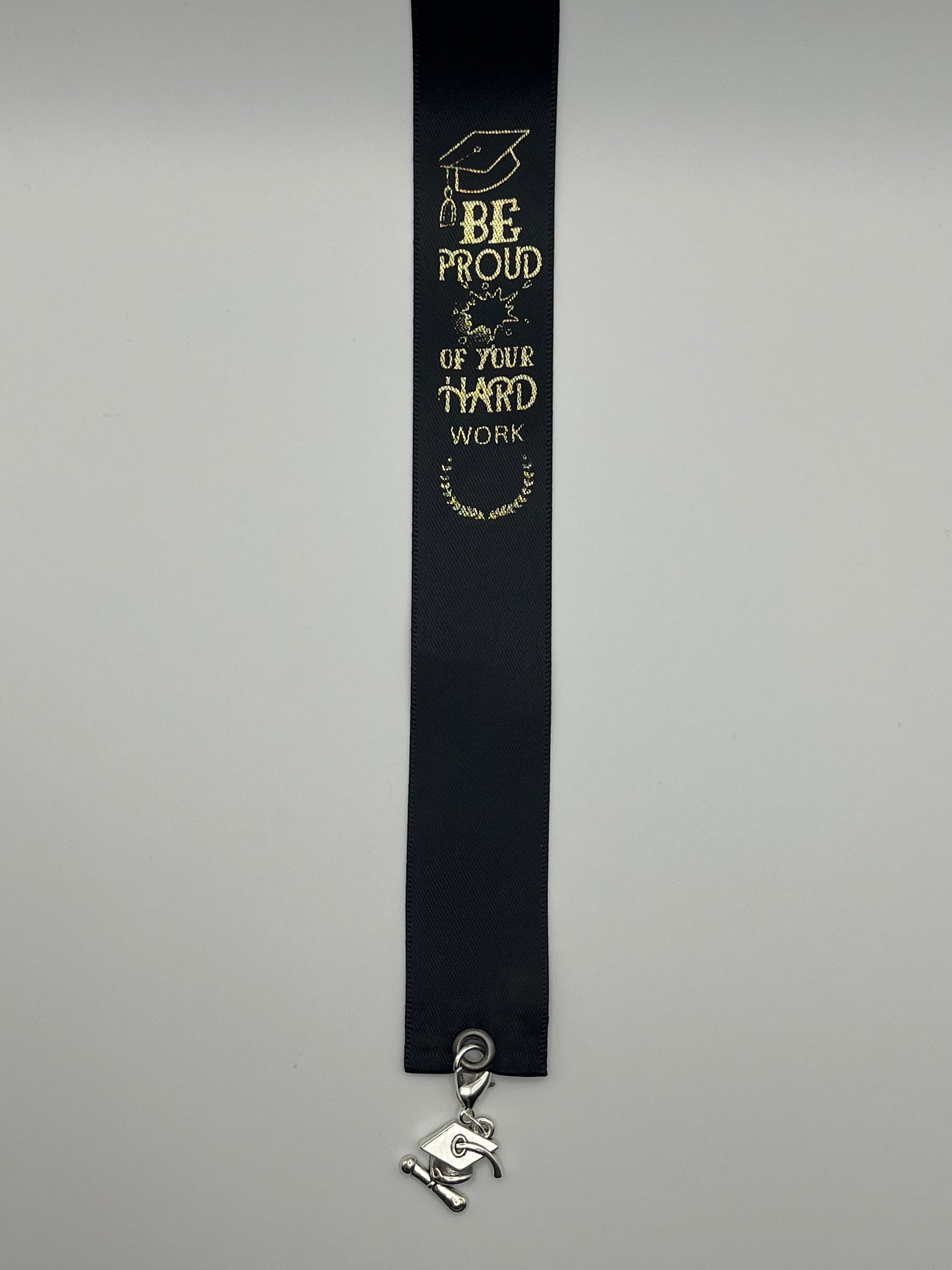 GRADUATION - “Be proud of your hard work” - Black Satin Reusable Adhesive Book-It™ Bookmark with a Charm (Grad Cap and Diploma) in Gift Box