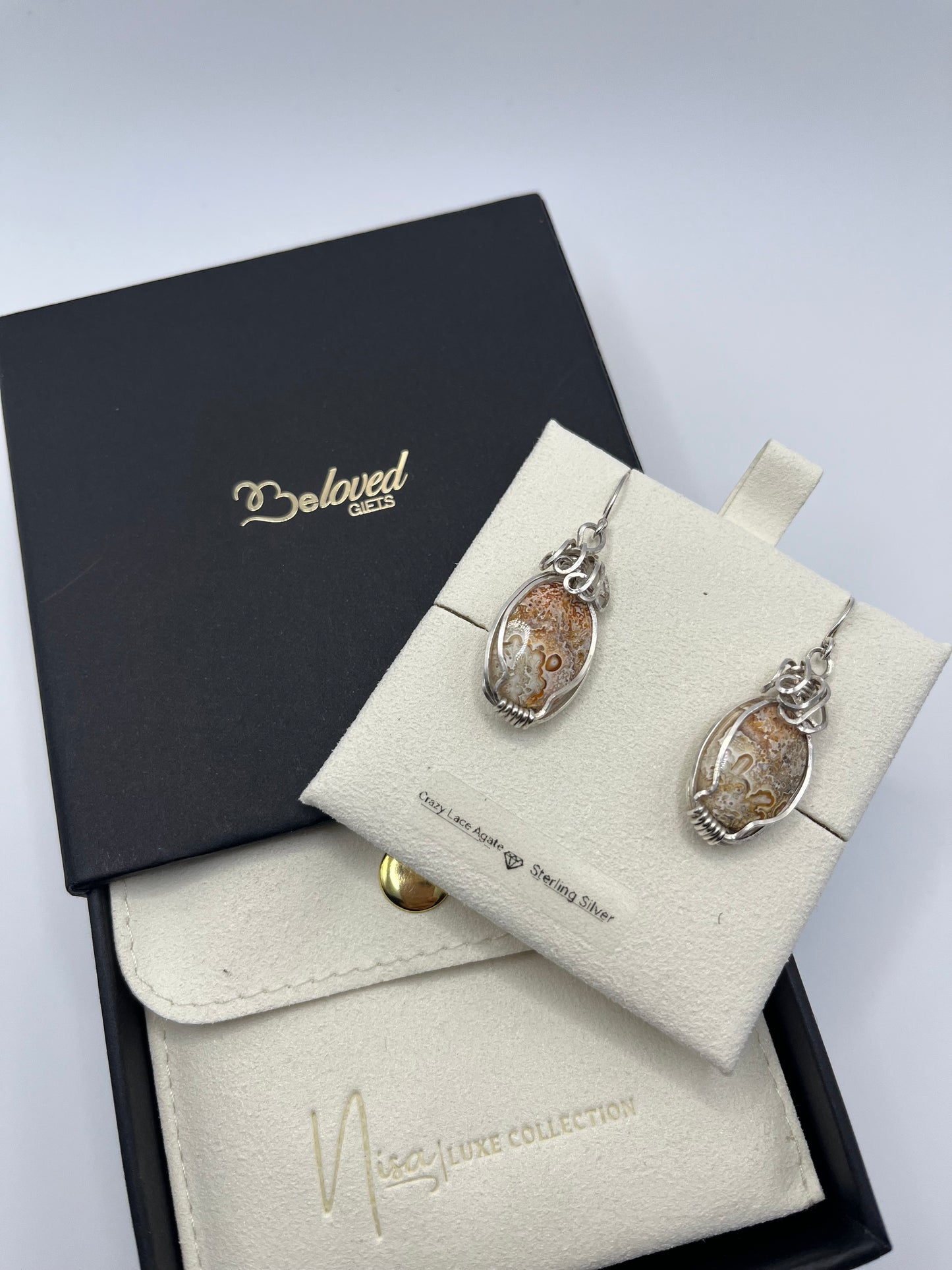 Crazy Lace Agate – Light Brown Grace Luxury Handcrafted Sterling Silver Semi-Precious Tear Drop Earrings
