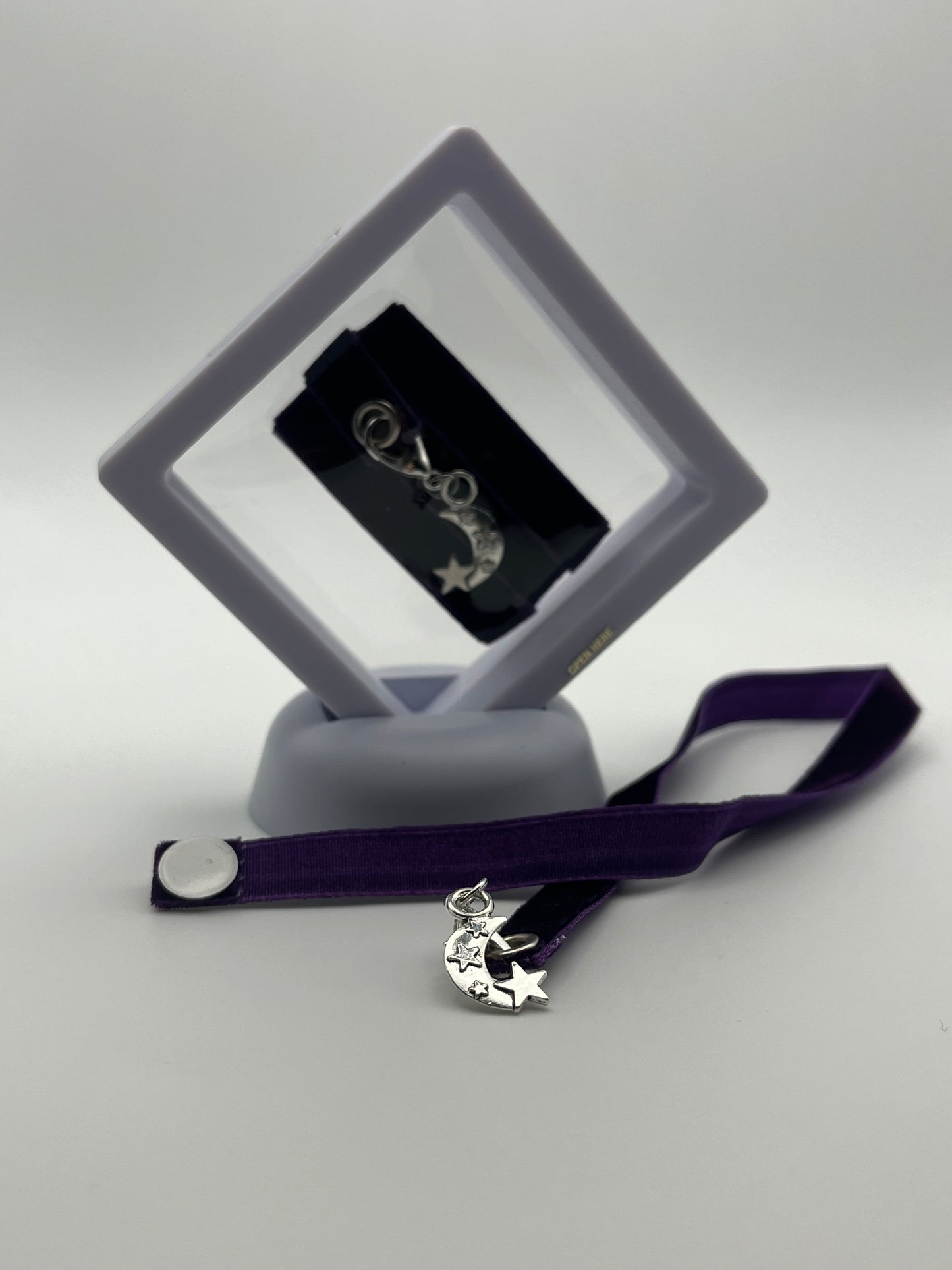 GOODNIGHT – Purple Velvet Reusable Adhesive Book-It™ Bookmark with a Charm (Stars and Moon) in a Mini Gift Box