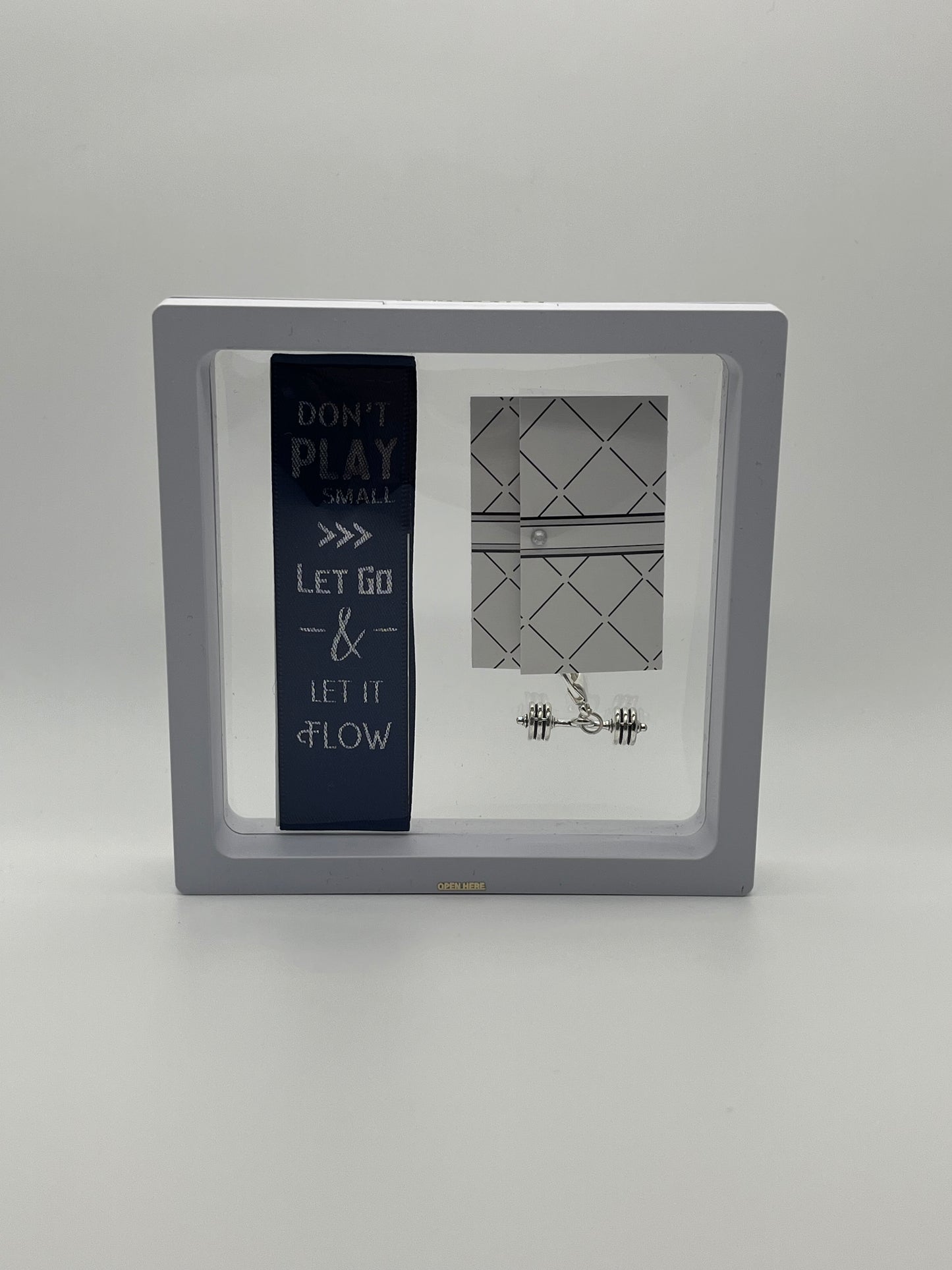 STRENGTH - “Don’t play small, let go & let it flow” – Blue Satin Reusable Adhesive Book-It™ Bookmark with a Charm (weights) in Gift Box