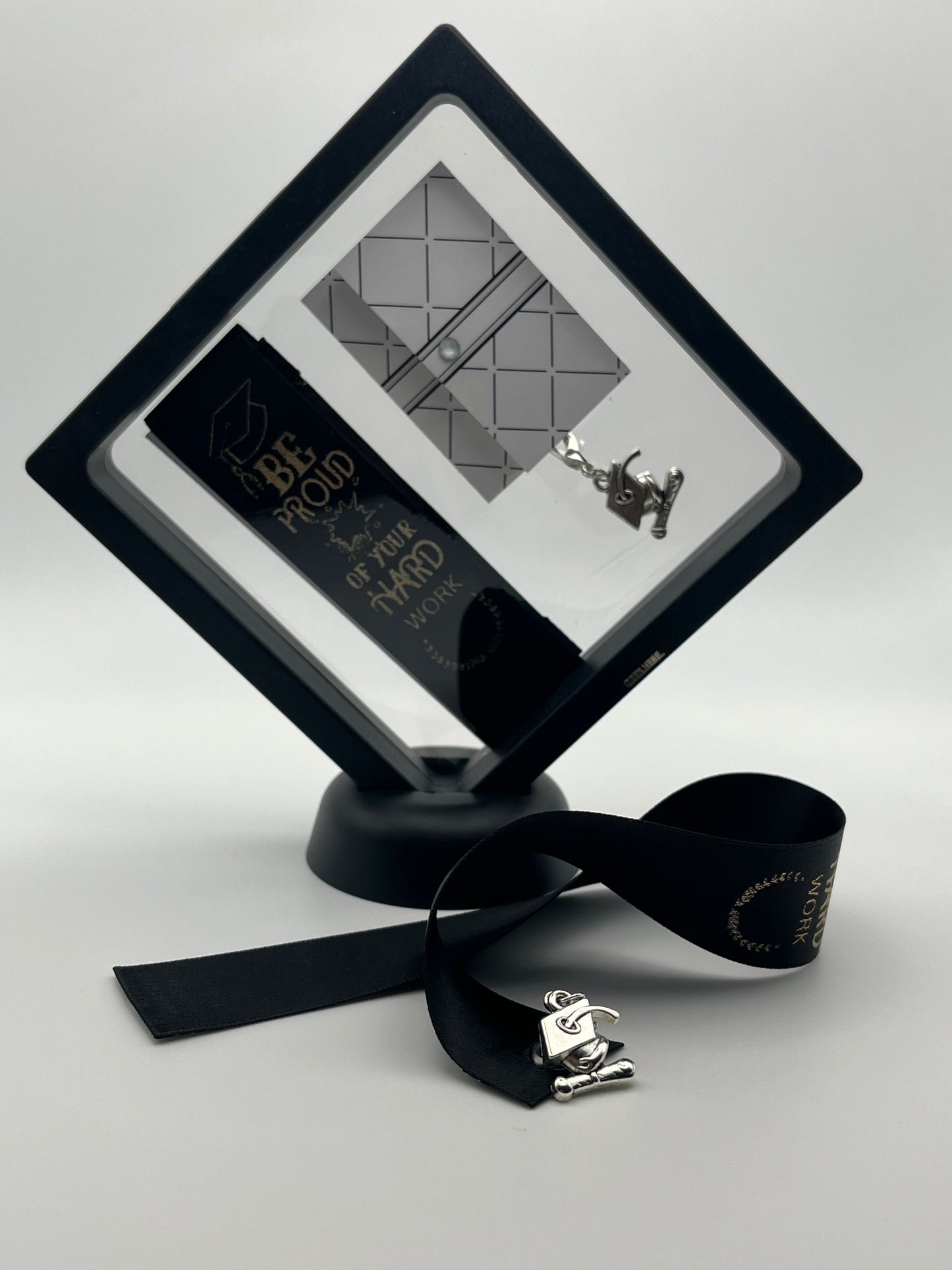 GRADUATION - “Be proud of your hard work” - Black Satin Reusable Adhesive Book-It™ Bookmark with a Charm (Grad Cap and Diploma) in Gift Box
