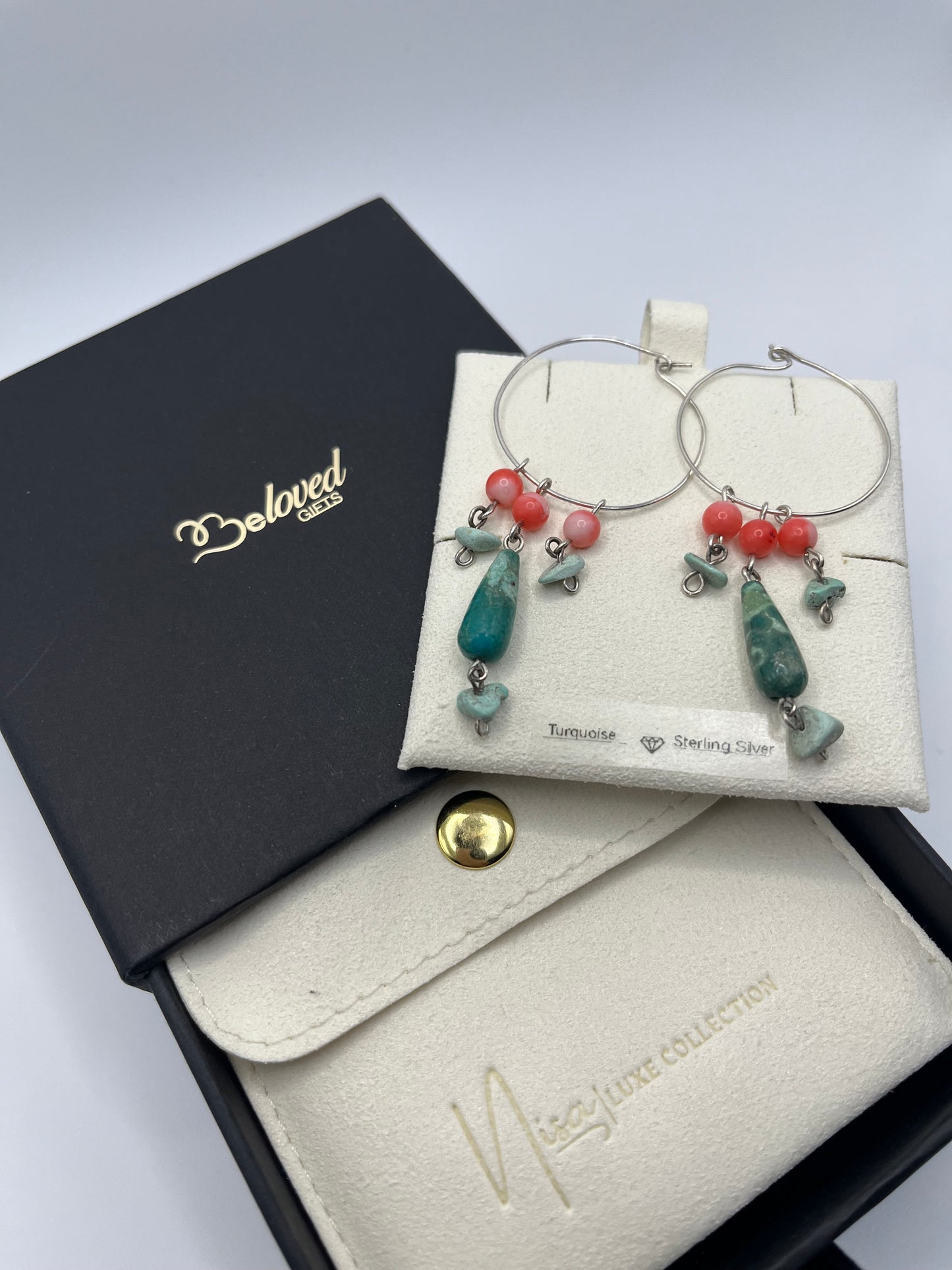Turquoise – Raindrop Coral Sprinkle Luxury Handcrafted Sterling Silver Semi-Precious Hoop Earrings