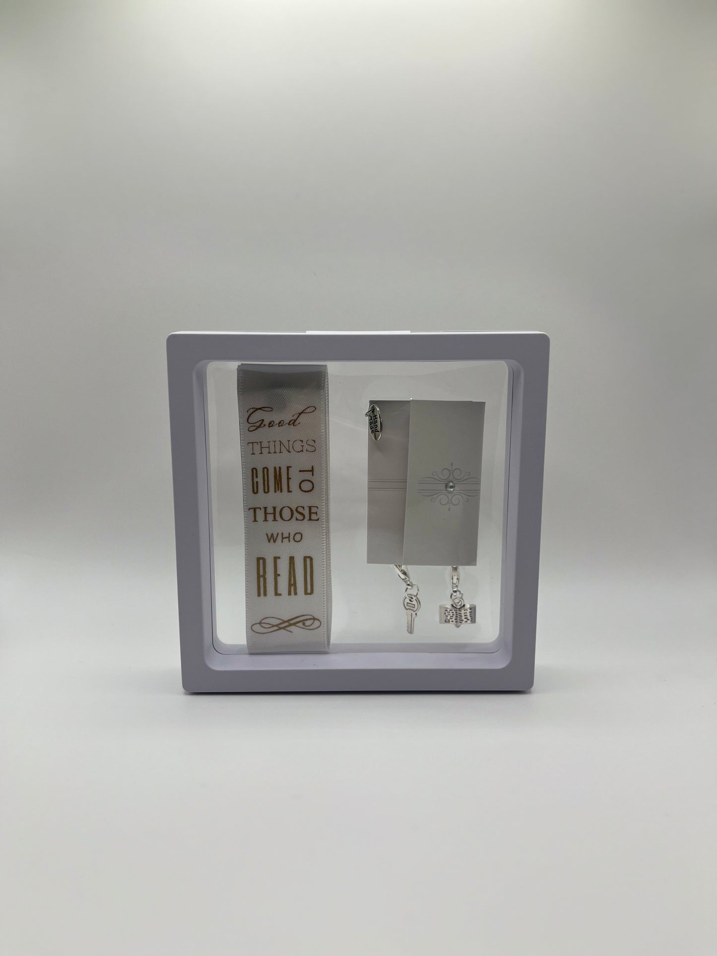 "Good Things Come to Those Who Read" – White Satin Reusable Adhesive Book-It™ Bookmark with Two Charms in Gift Box + Hidden Scratch Gift Message