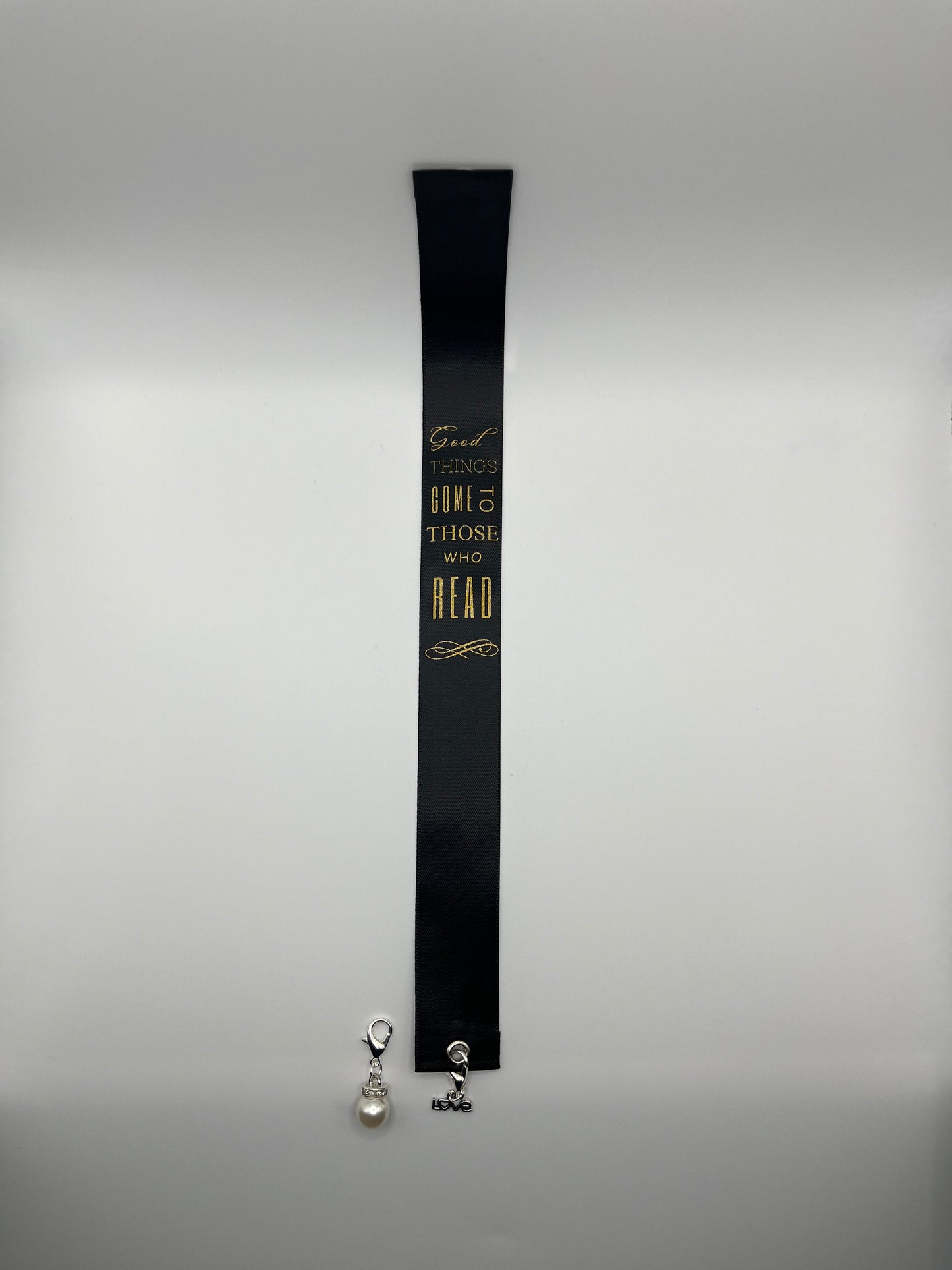 "Good Things Come to Those Who Read" – Black Satin Reusable Adhesive Book-It™ Bookmark with Two Charms in Gift Box + Hidden Scratch Gift Message