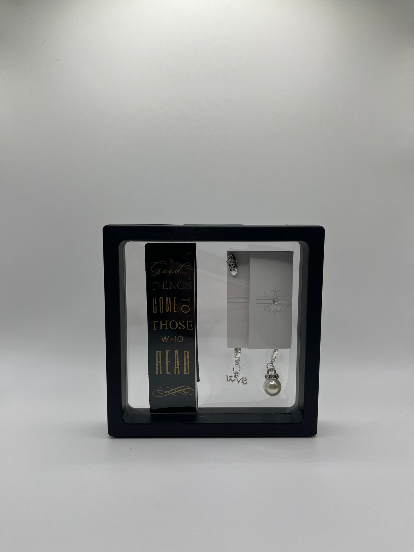 "Good Things Come to Those Who Read" – Black Satin Reusable Adhesive Book-It™ Bookmark with Two Charms in Gift Box + Hidden Scratch Gift Message