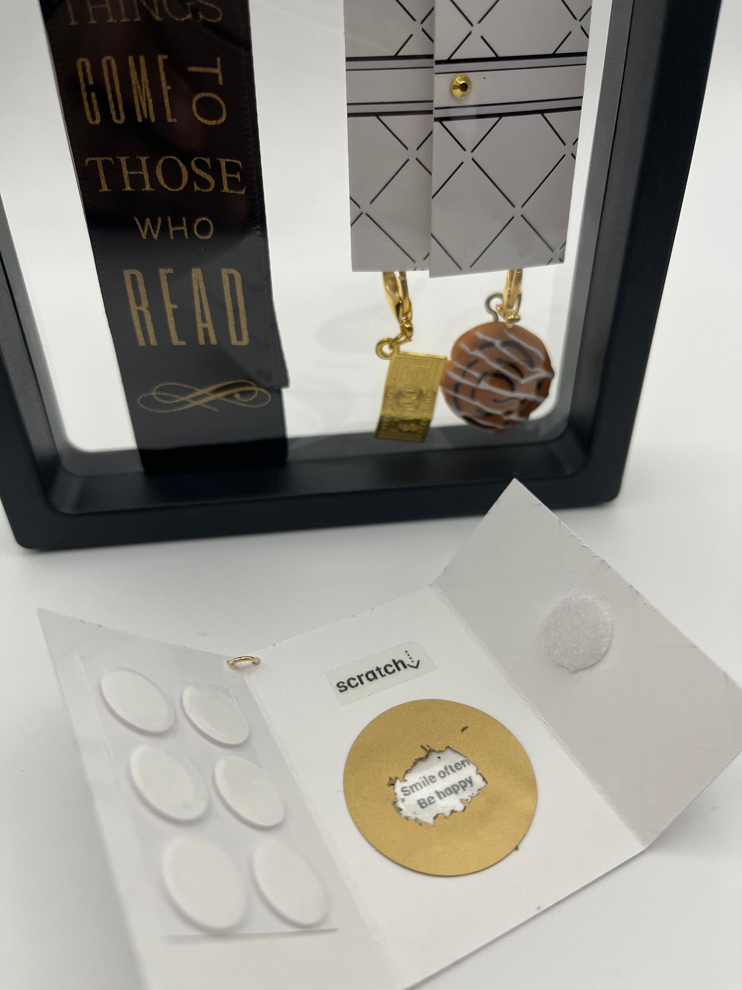 "Good Things Come to Those Who Read" – Black Satin Reusable Adhesive Book-It™ Bookmark with Two Charms in Gift Box + Hidden Scratch Gift Message