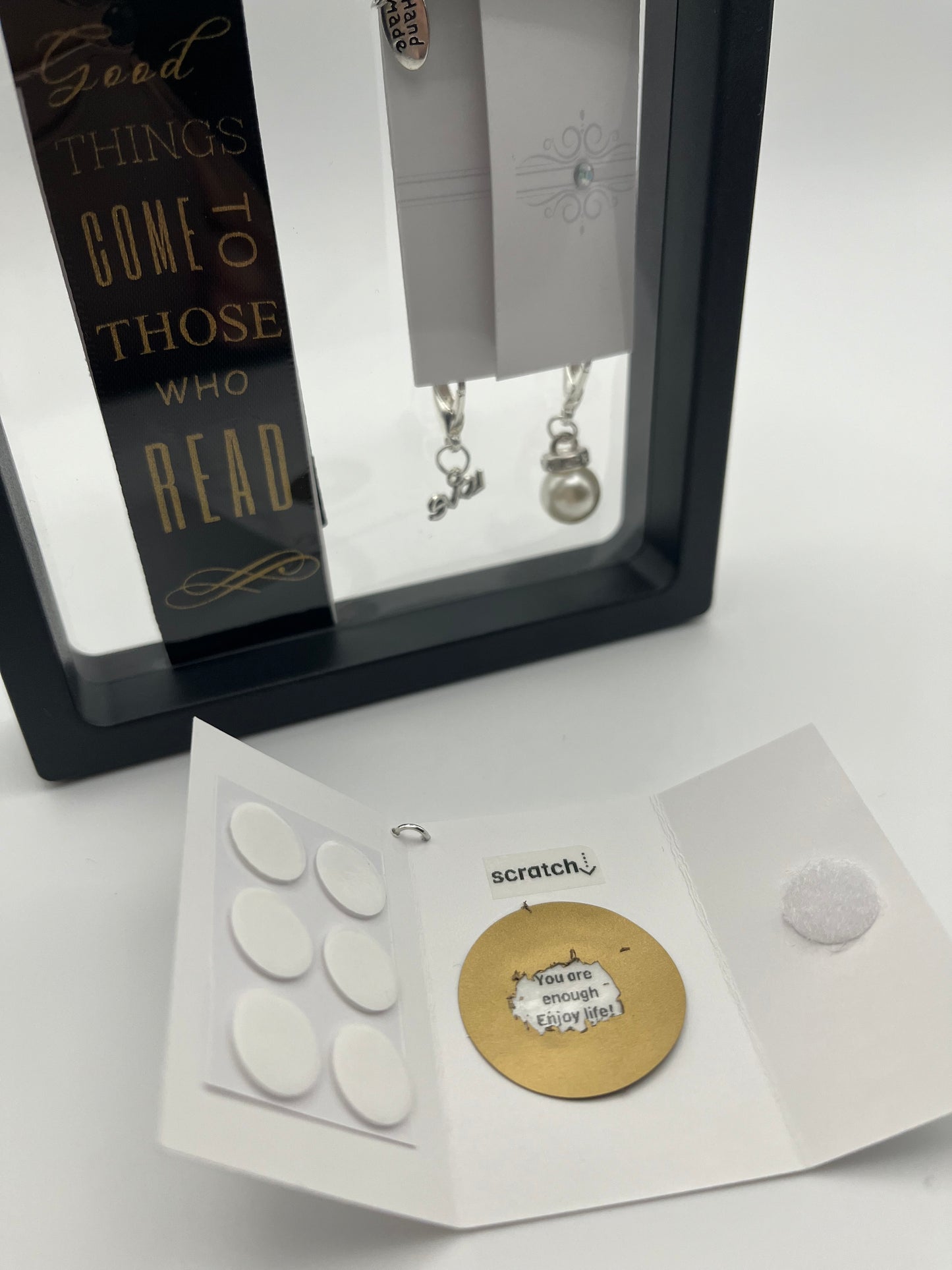 "Good Things Come to Those Who Read" – Black Satin Reusable Adhesive Book-It™ Bookmark with Two Charms in Gift Box + Hidden Scratch Gift Message