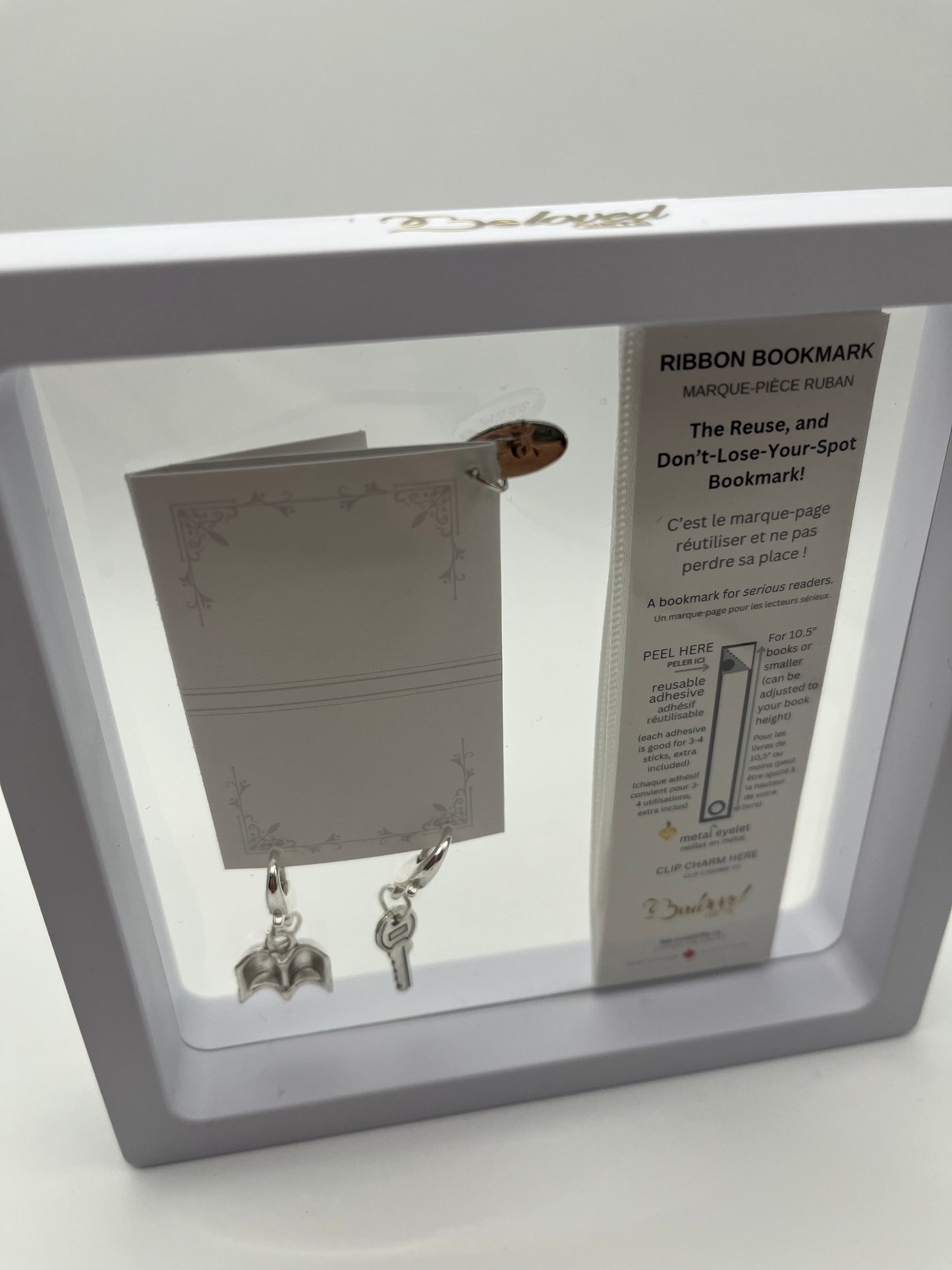 "Good Things Come to Those Who Read" – White Satin Reusable Adhesive Book-It™ Bookmark with Two Charms in Gift Box + Hidden Scratch Gift Message