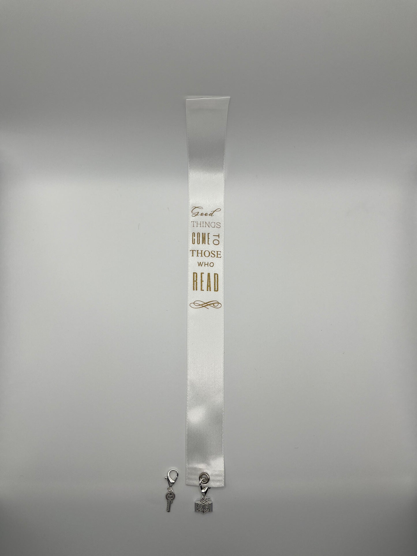 "Good Things Come to Those Who Read" – White Satin Reusable Adhesive Book-It™ Bookmark with Two Charms in Gift Box + Hidden Scratch Gift Message