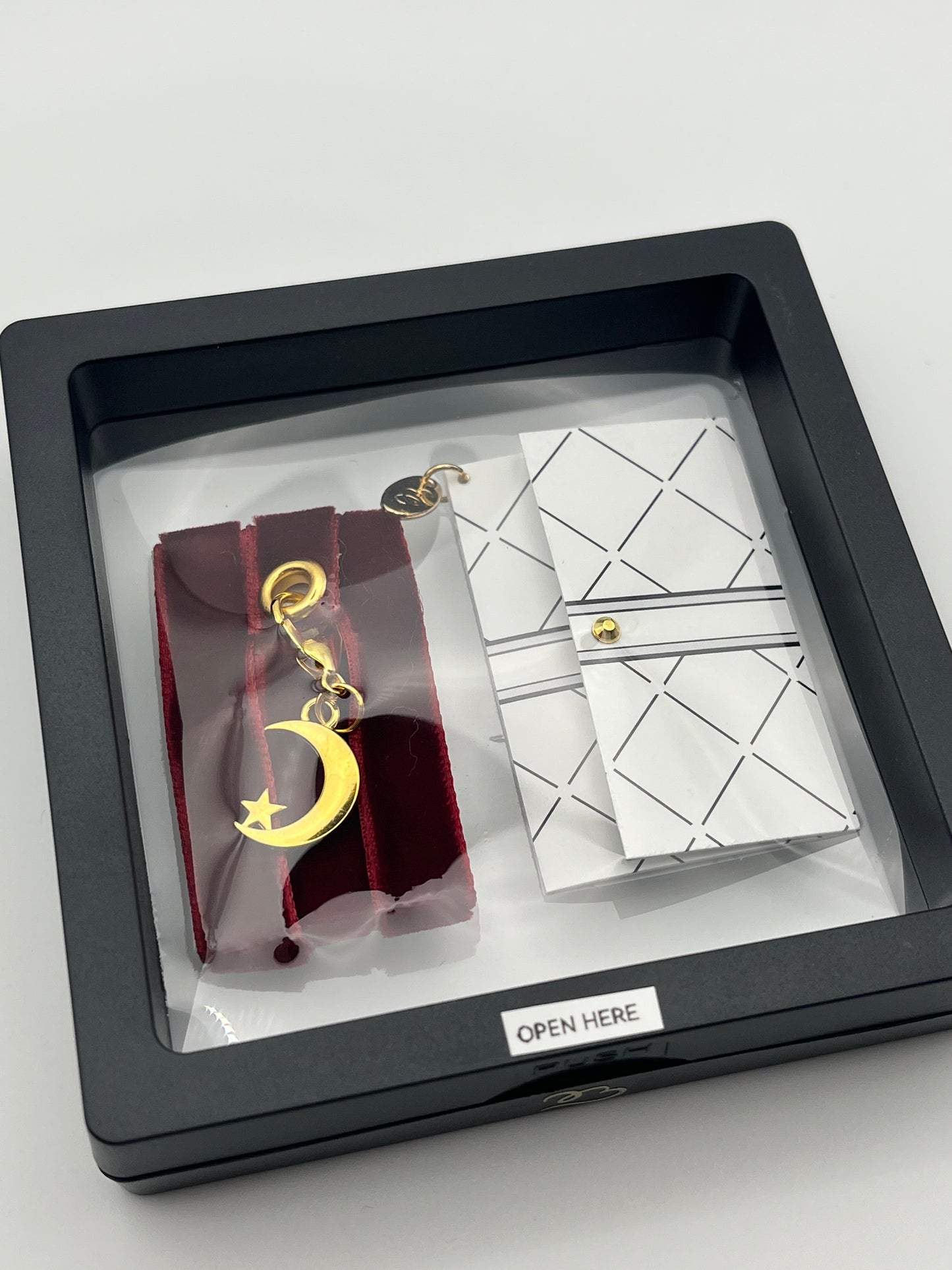 Burgundy Velvet Reusable Adhesive Bookmark with Gold Moon and Star in Gift Box + Hidden Scratch Gift Message