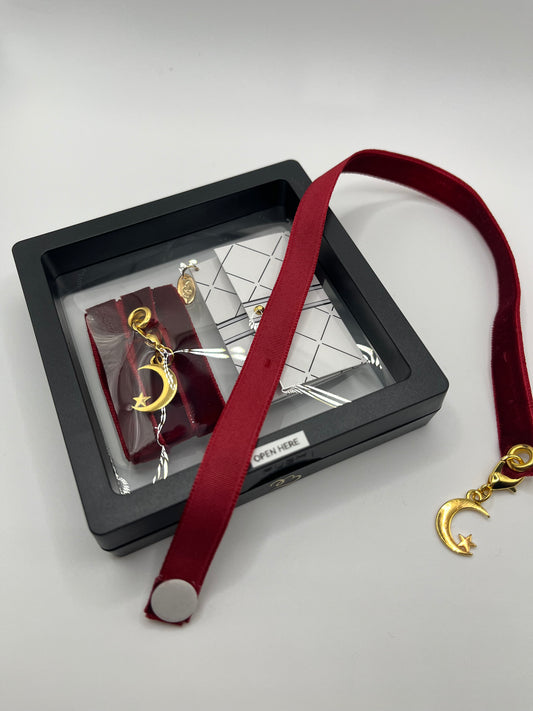 Burgundy Velvet Reusable Adhesive Book-It™ Bookmark with Gold Moon and Star in Gift Box + Hidden Scratch Gift Message