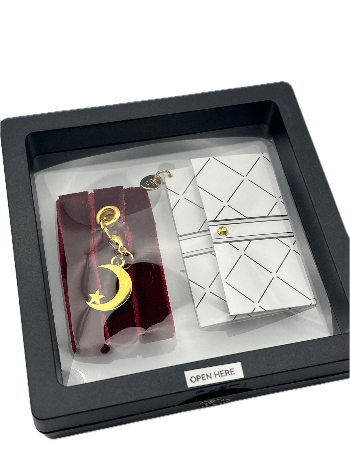 Burgundy Velvet Reusable Adhesive Book-It™ Bookmark with Gold Moon and Star in Gift Box + Hidden Scratch Gift Message