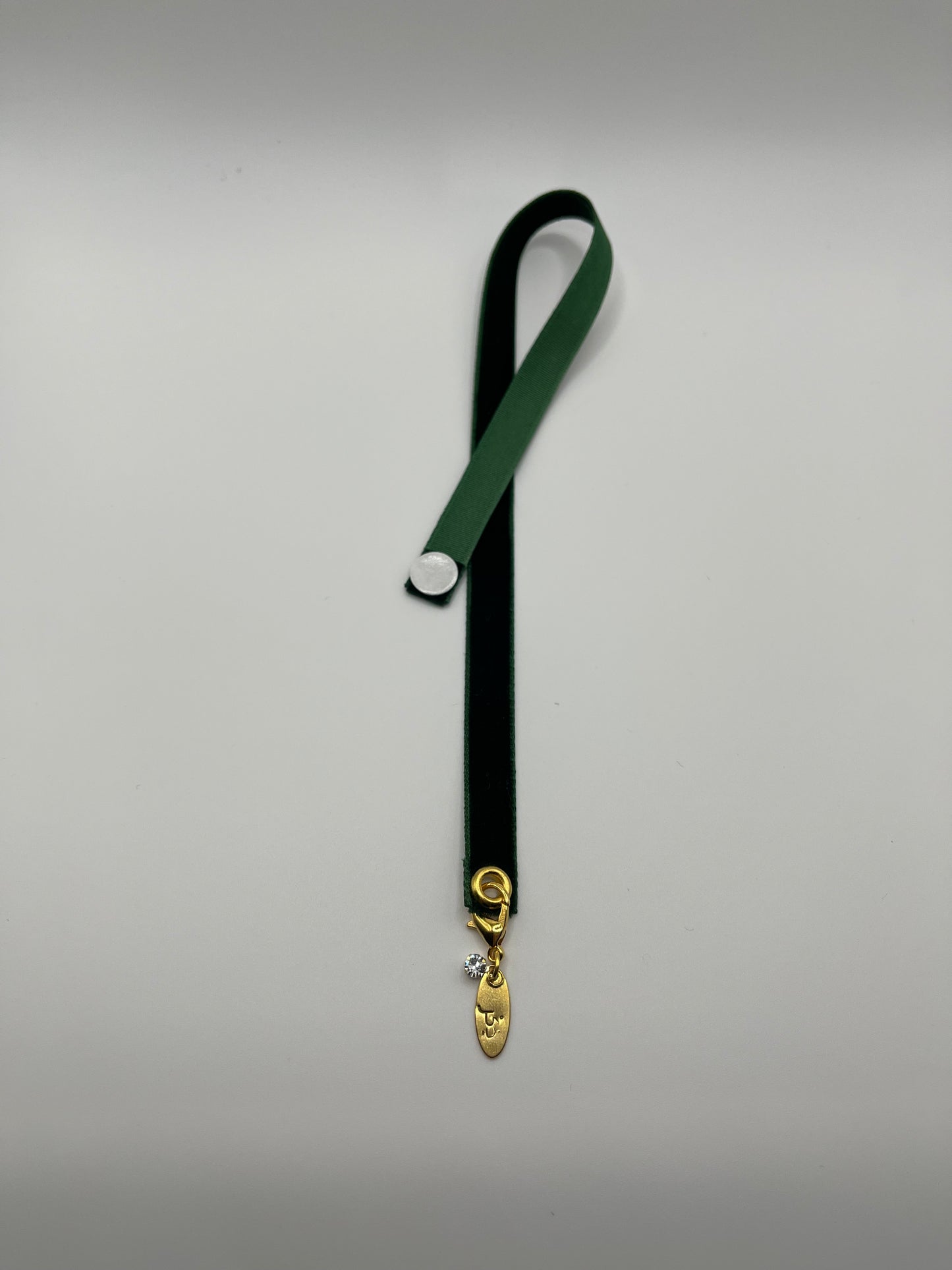 Dark Green Velvet Reusable Adhesive Book-It™ Bookmark with ذِكْر (Dhikr / Zikr in Arabic) Hand Stamped on Oval Gold Charm and Rhinestone Gem in Gift Box + Hidden Scratch Gift Message