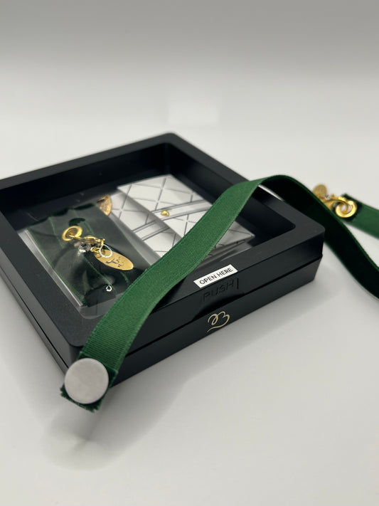 Dark Green Velvet Reusable Adhesive Book-It™ Bookmark with ذِكْر (Dhikr / Zikr in Arabic) Hand Stamped on Oval Gold Charm and Rhinestone Gem in Gift Box + Hidden Scratch Gift Message