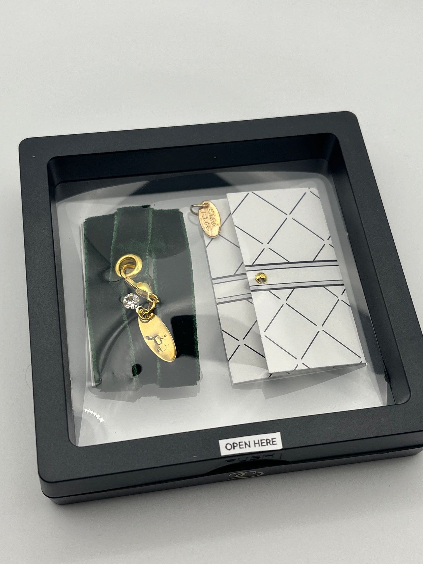 Dark Green Velvet Reusable Adhesive Book-It™ Bookmark with ذِكْر (Dhikr / Zikr in Arabic) Hand Stamped on Oval Gold Charm and Rhinestone Gem in Gift Box + Hidden Scratch Gift Message