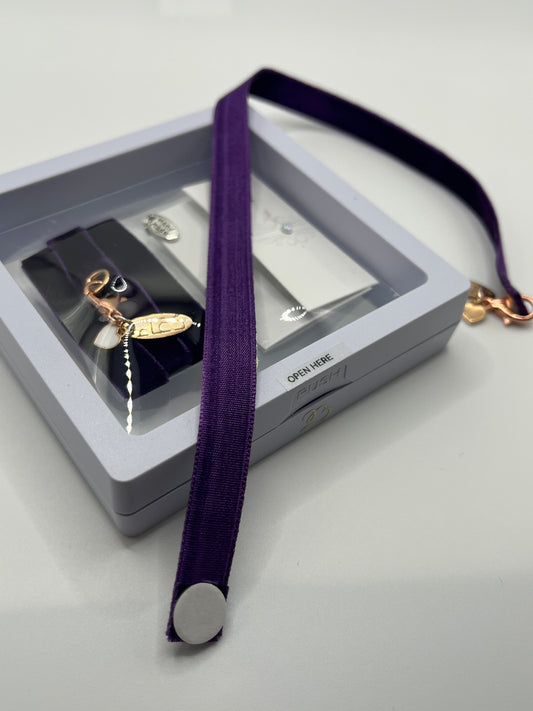 Purple Velvet Reusable Adhesive Bookmark with دعاء (Dua in Arabic) Hand Stamped on Rose Gold Charm and Mini White Heart Charm in Gift Box + Hidden Scratch Gift Message