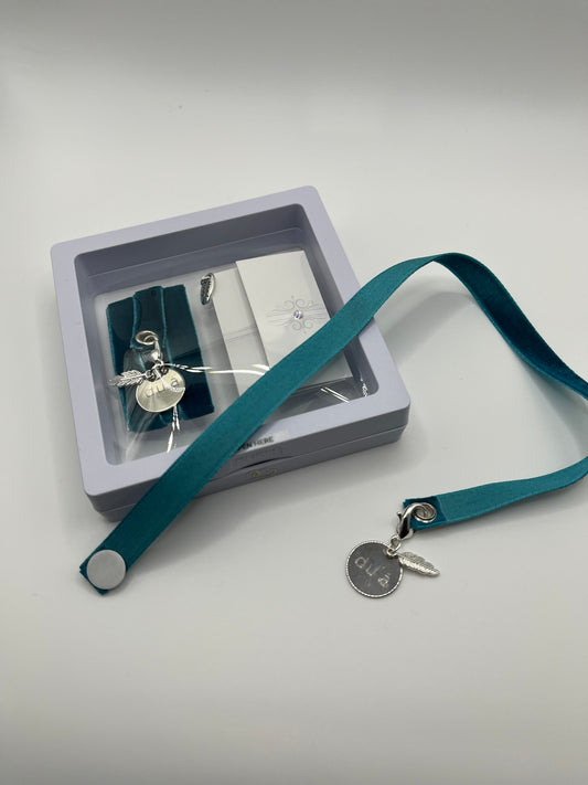 Turquoise Velvet Reusable Adhesive Book-It™ Bookmark with DU’A Hand Stamped on Stainless Steel Circle Charm and Leaf Charm in Gift Box + Hidden Scratch Gift Message