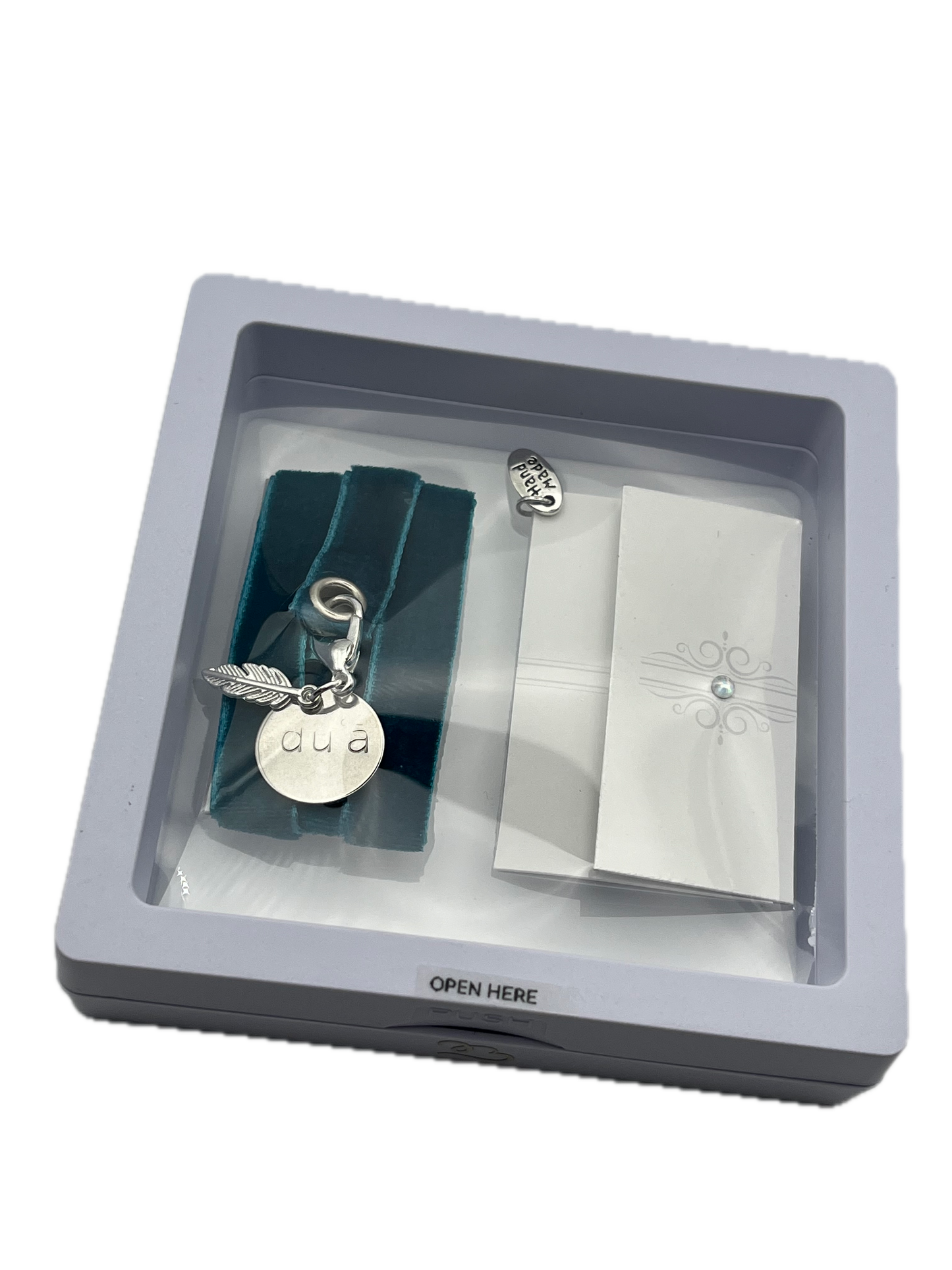 Turquoise Velvet Reusable Adhesive Book-It™ Bookmark with DU’A Hand Stamped on Stainless Steel Circle Charm and Leaf Charm in Gift Box + Hidden Scratch Gift Message