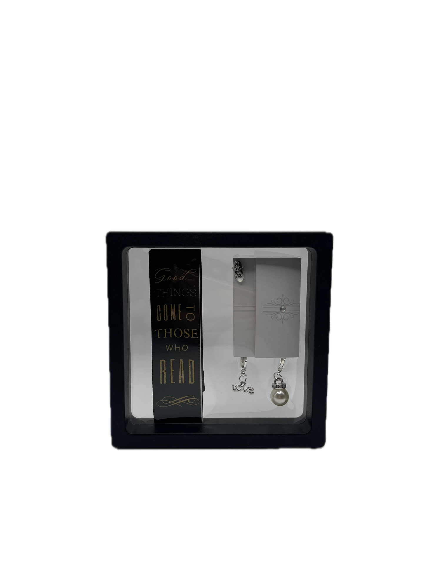 "Good Things Come to Those Who Read" – Black Satin Reusable Adhesive Book-It™ Bookmark with Two Charms in Gift Box + Hidden Scratch Gift Message