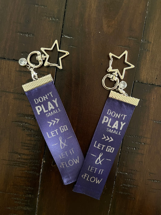 Don’t Play Small, Let Go & Let it Flow – – Inspirational Keychain Gift - Navy Ribbon with Silver Text - Silver Swivel Star Keyring and Gem