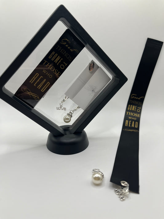 "Good Things Come to Those Who Read" – Black Satin Reusable Adhesive Book-It™ Bookmark with Two Charms in Gift Box + Hidden Scratch Gift Message
