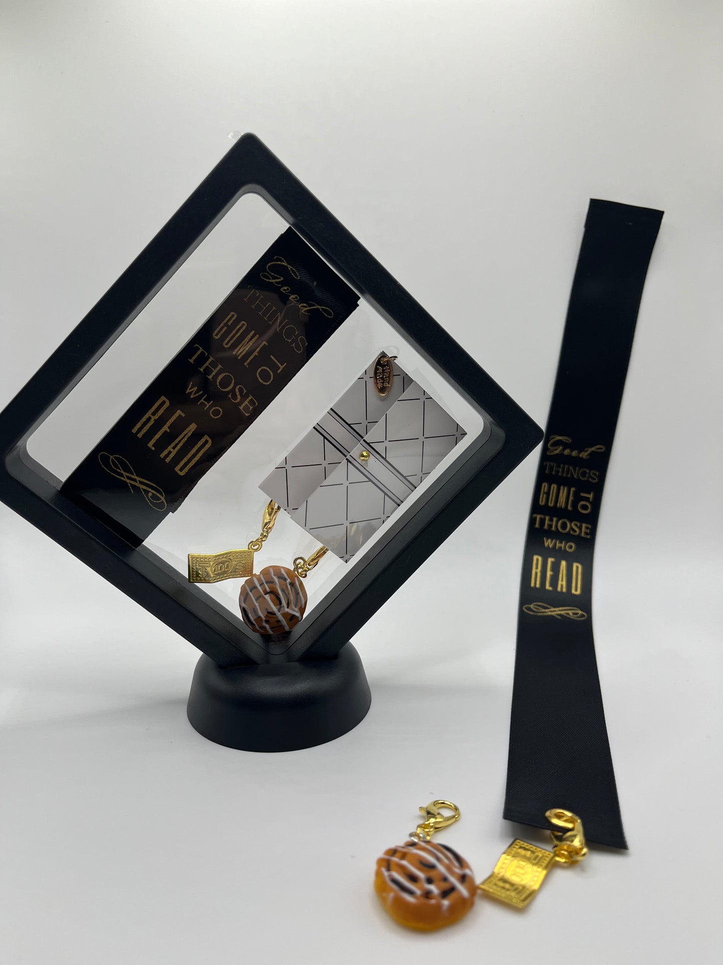"Good Things Come to Those Who Read" – Black Satin Reusable Adhesive Book-It™ Bookmark with Two Charms in Gift Box + Hidden Scratch Gift Message