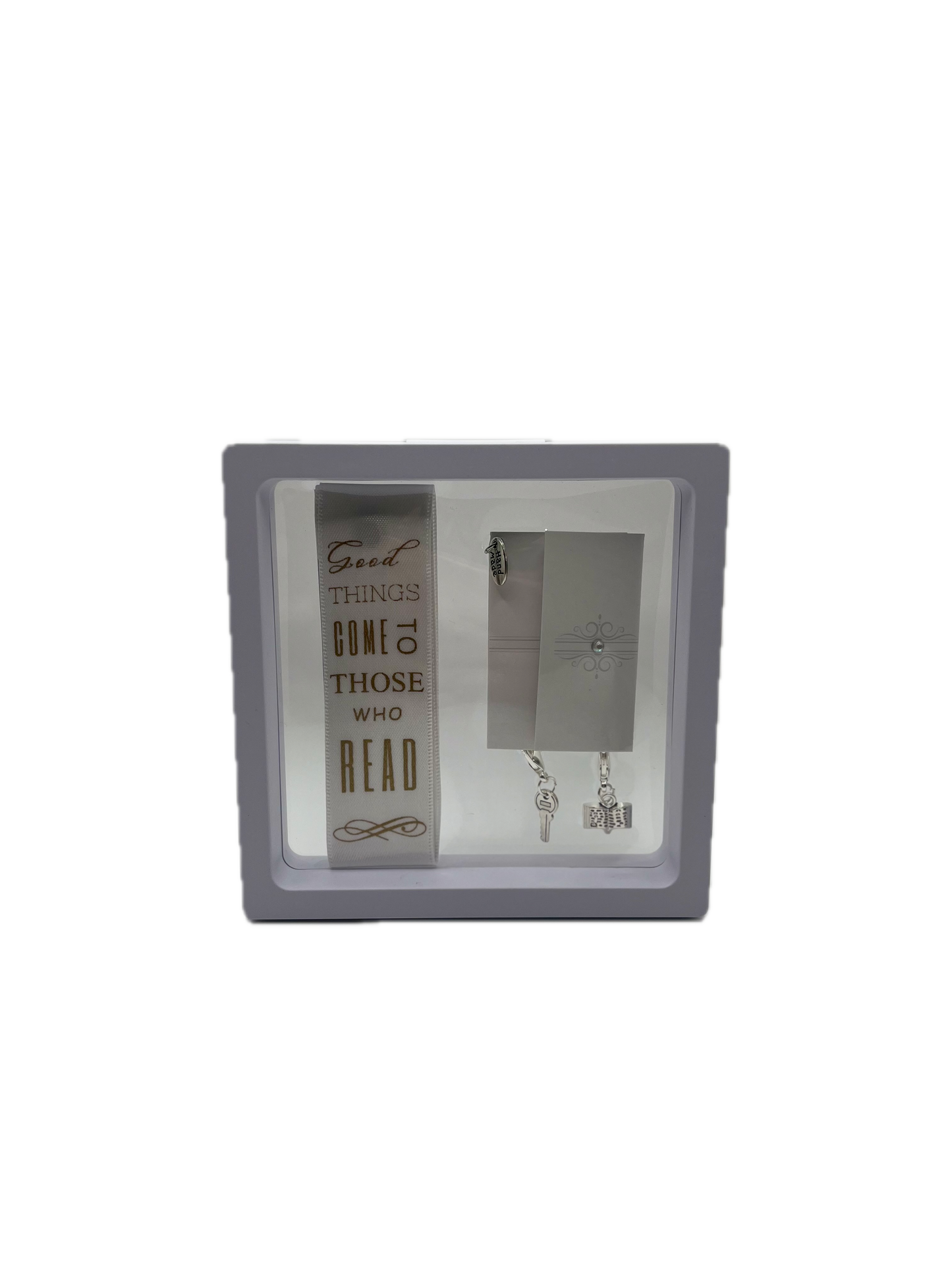 "Good Things Come to Those Who Read" – White Satin Reusable Adhesive Book-It™ Bookmark with Two Charms in Gift Box + Hidden Scratch Gift Message