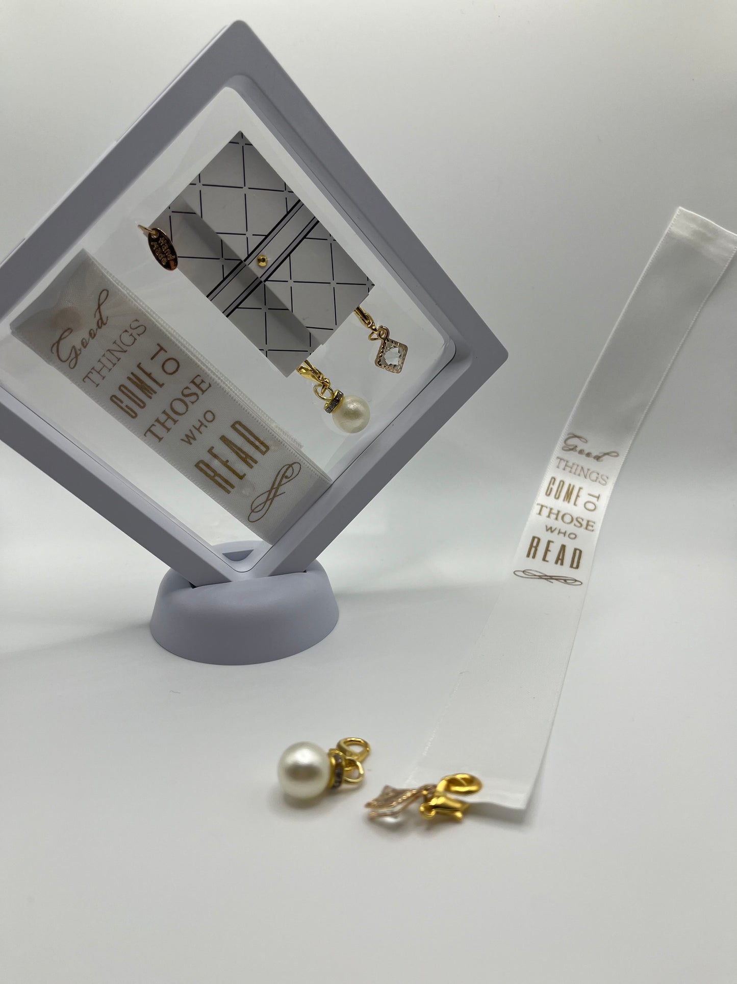 "Good Things Come to Those Who Read" – White Satin Reusable Adhesive Book-It™ Bookmark with Two Charms in Gift Box + Hidden Scratch Gift Message