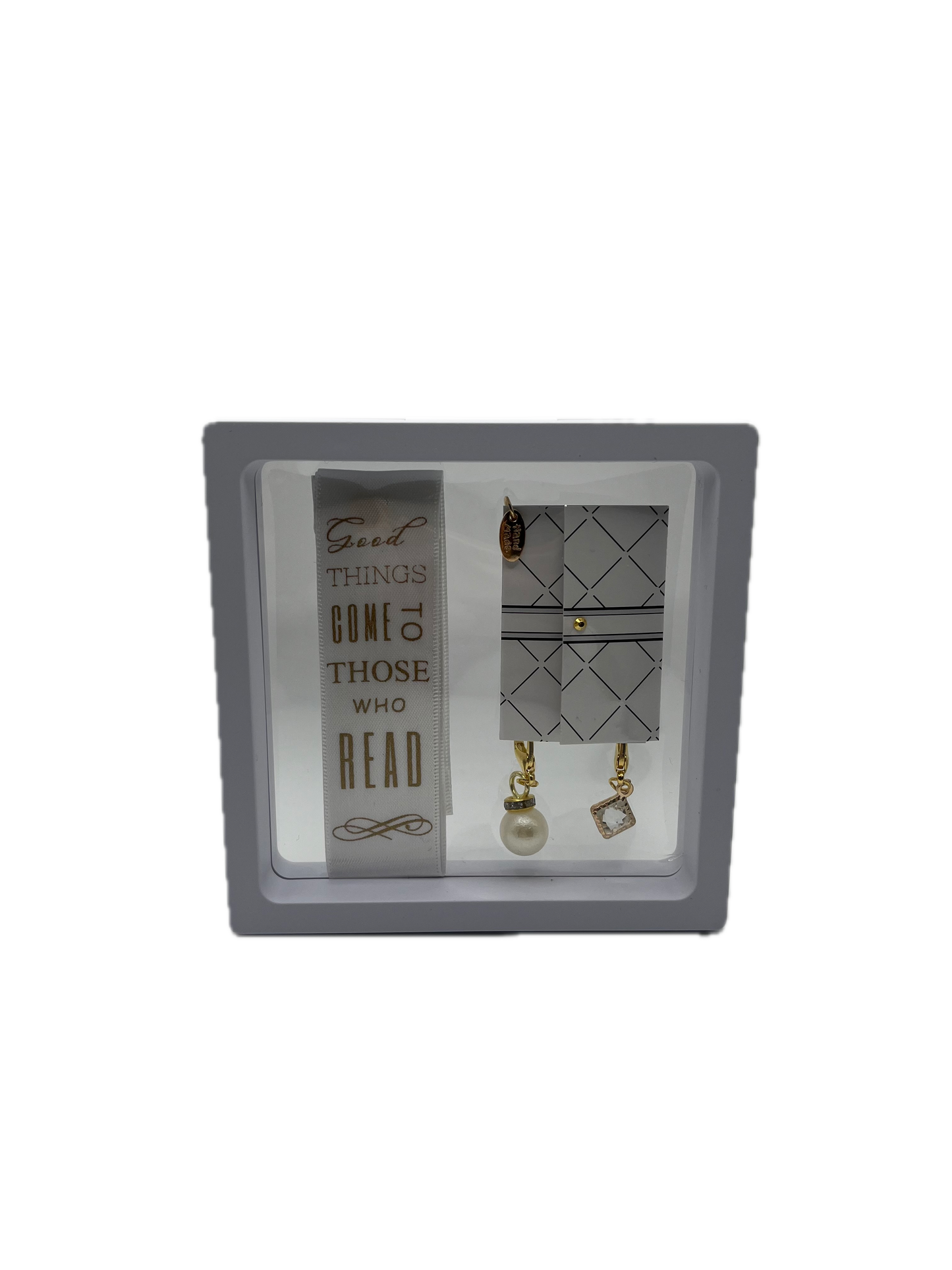 "Good Things Come to Those Who Read" – White Satin Reusable Adhesive Book-It™ Bookmark with Two Charms in Gift Box + Hidden Scratch Gift Message