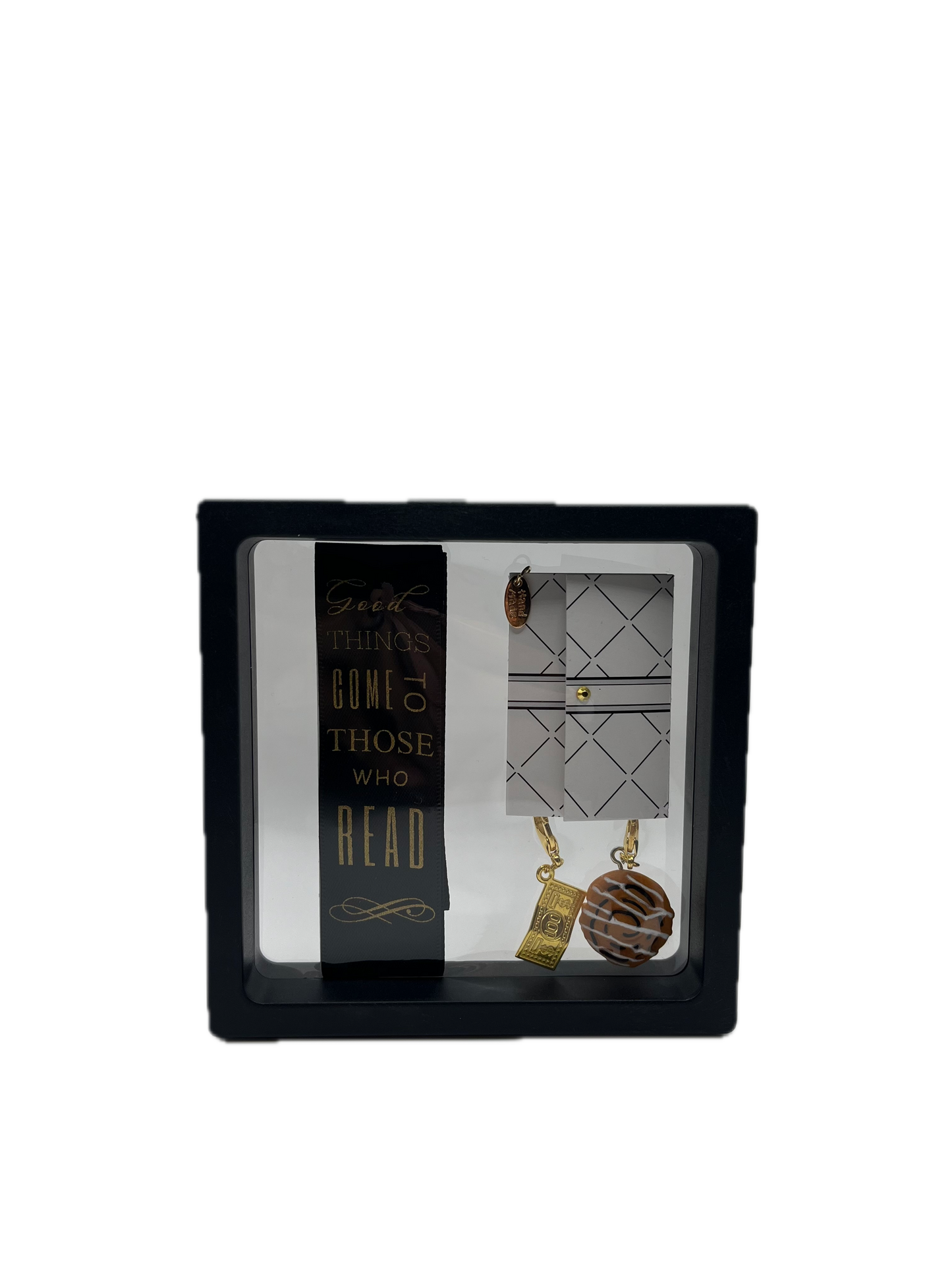 "Good Things Come to Those Who Read" – Black Satin Reusable Adhesive Book-It™ Bookmark with Two Charms in Gift Box + Hidden Scratch Gift Message