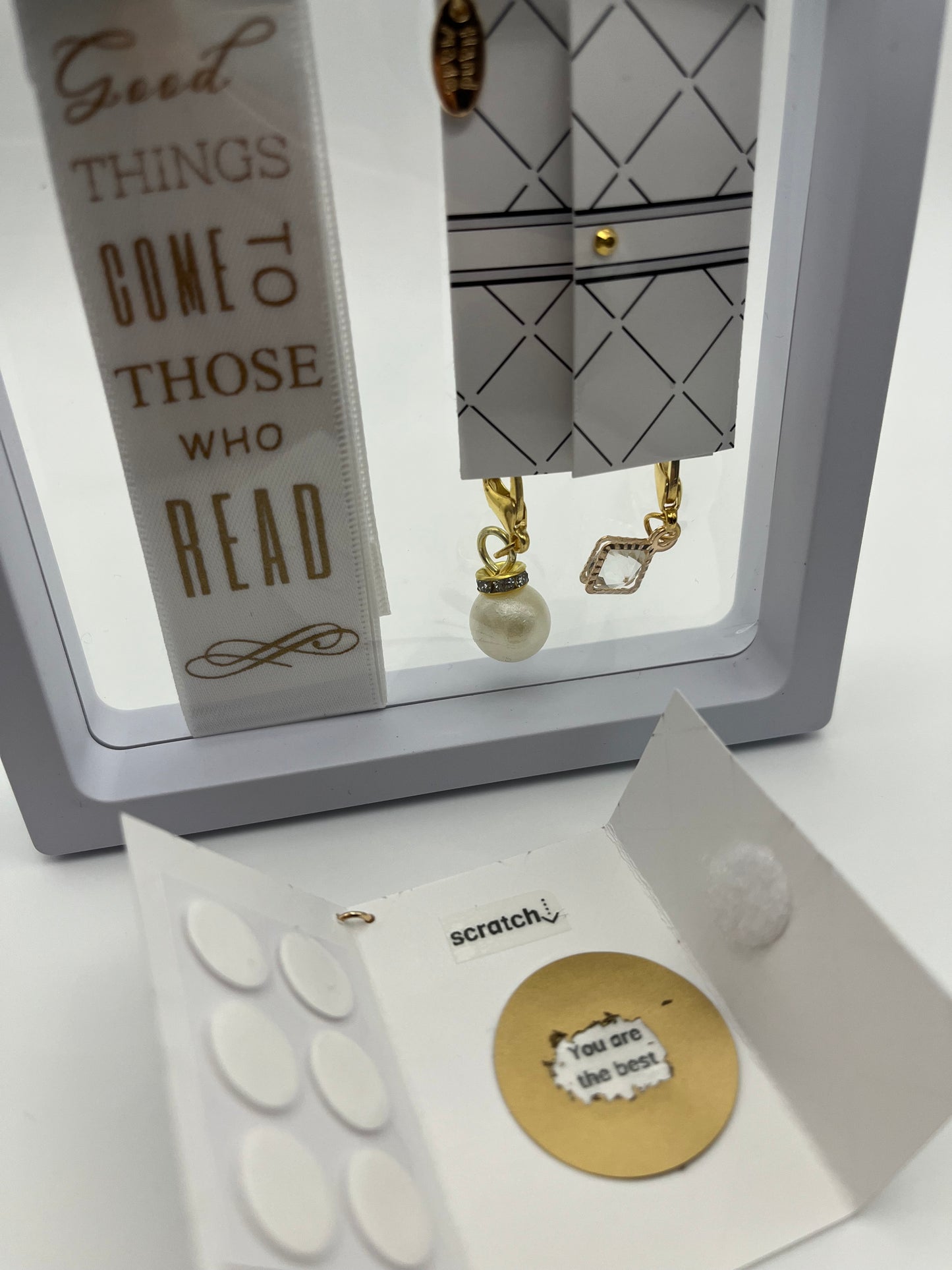 "Good Things Come to Those Who Read" – White Satin Reusable Adhesive Book-It™ Bookmark with Two Charms in Gift Box + Hidden Scratch Gift Message