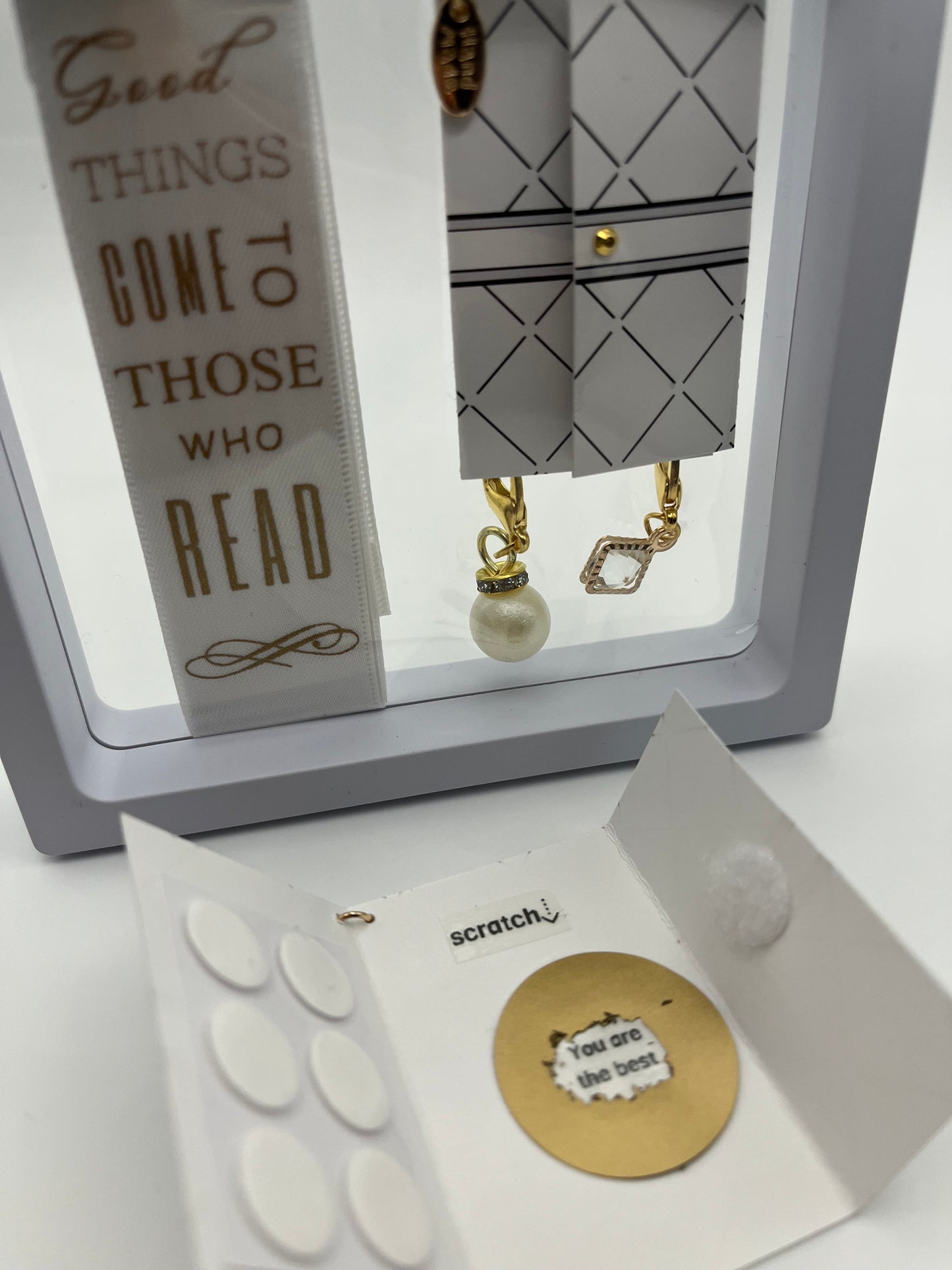 "Good Things Come to Those Who Read" – White Satin Reusable Adhesive Bookmark with Two Charms in Gift Box + Hidden Scratch Gift Message
