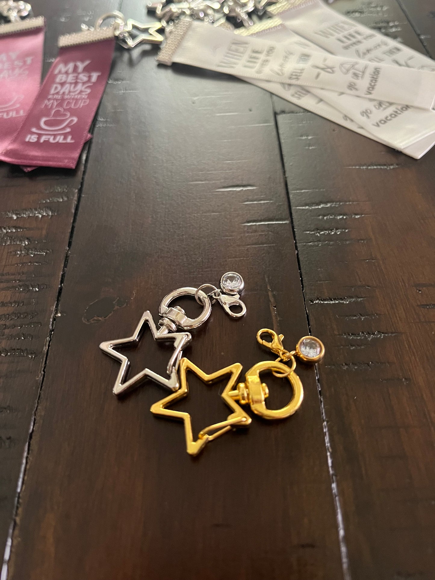 A Little Suga Makes Life a ‘Lil Sweeter –– Inspirational Keychain Gift - Pink Ribbon with Grey Text - Silver Swivel Star Keyring and Gem
