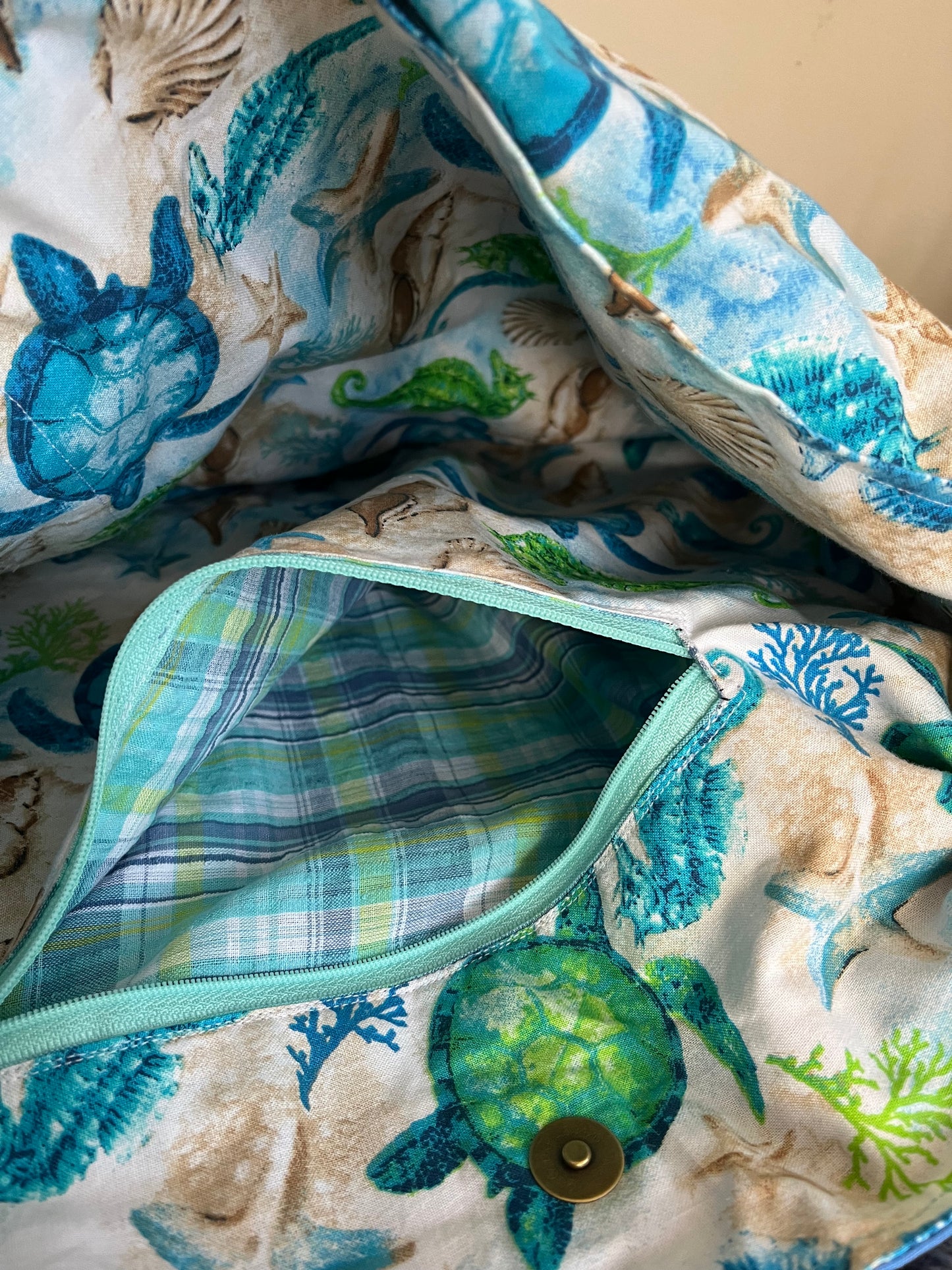 Beach Vibes Tote – Hand-Painted Waves, Stitched on Shells and Satin Foam Large Tote Bag
