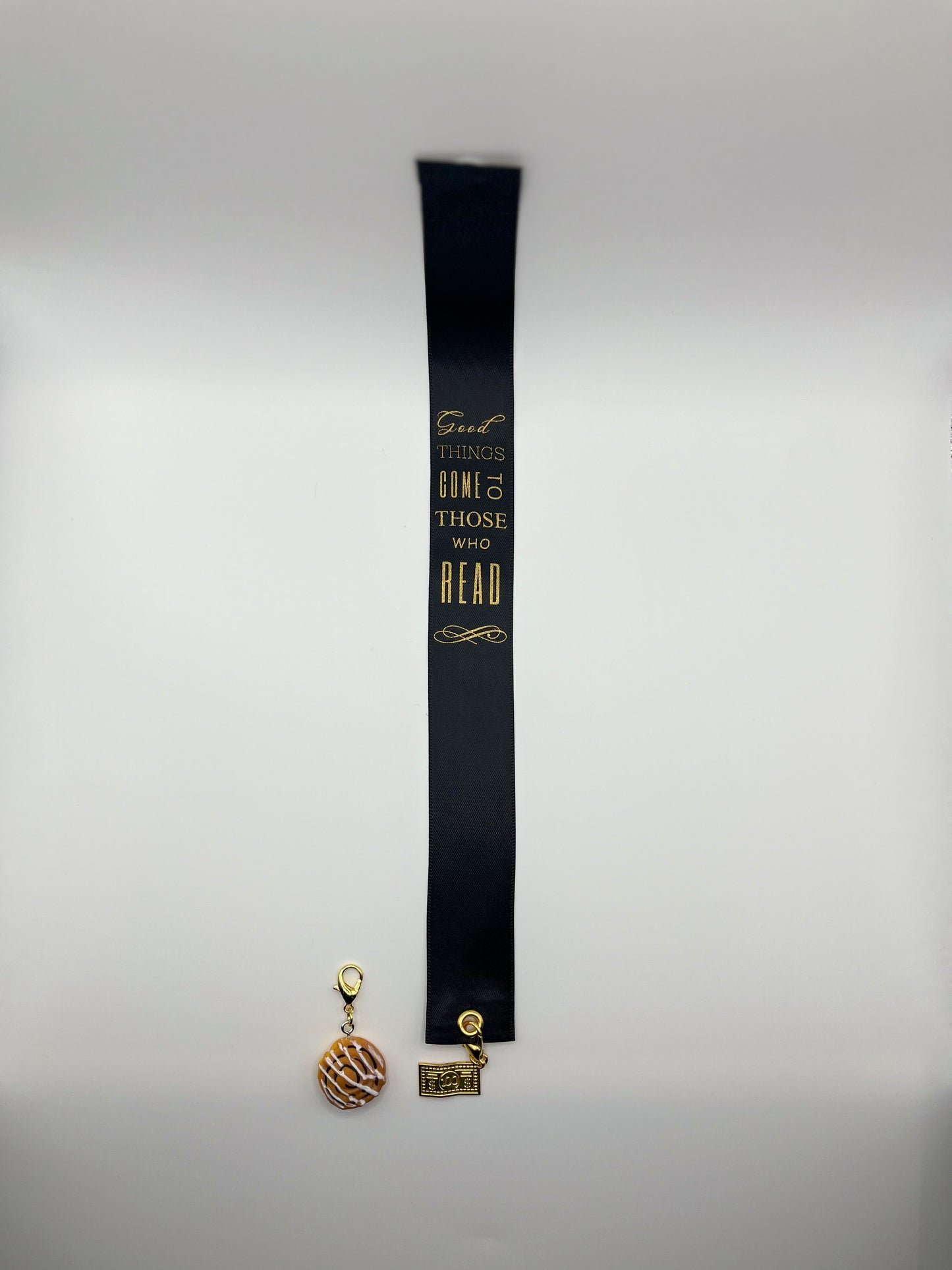 "Good Things Come to Those Who Read" – Black Satin Reusable Adhesive Book-It™ Bookmark with Two Charms in Gift Box + Hidden Scratch Gift Message