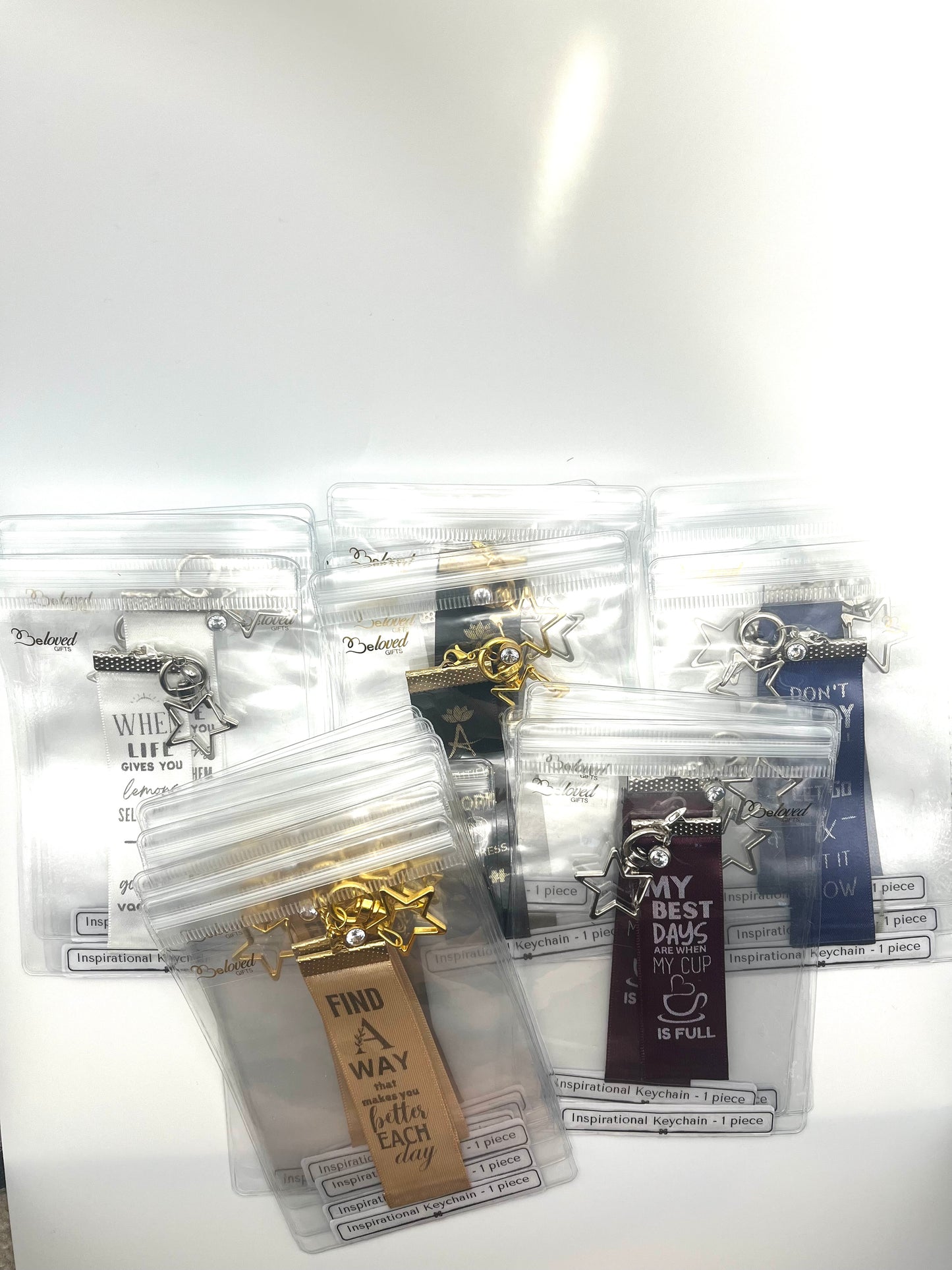 A Beautiful Work in Progress – Inspirational Keychain Gift - – Black Ribbon with Gold Text -  Gold Swivel Star Keyring and Gem