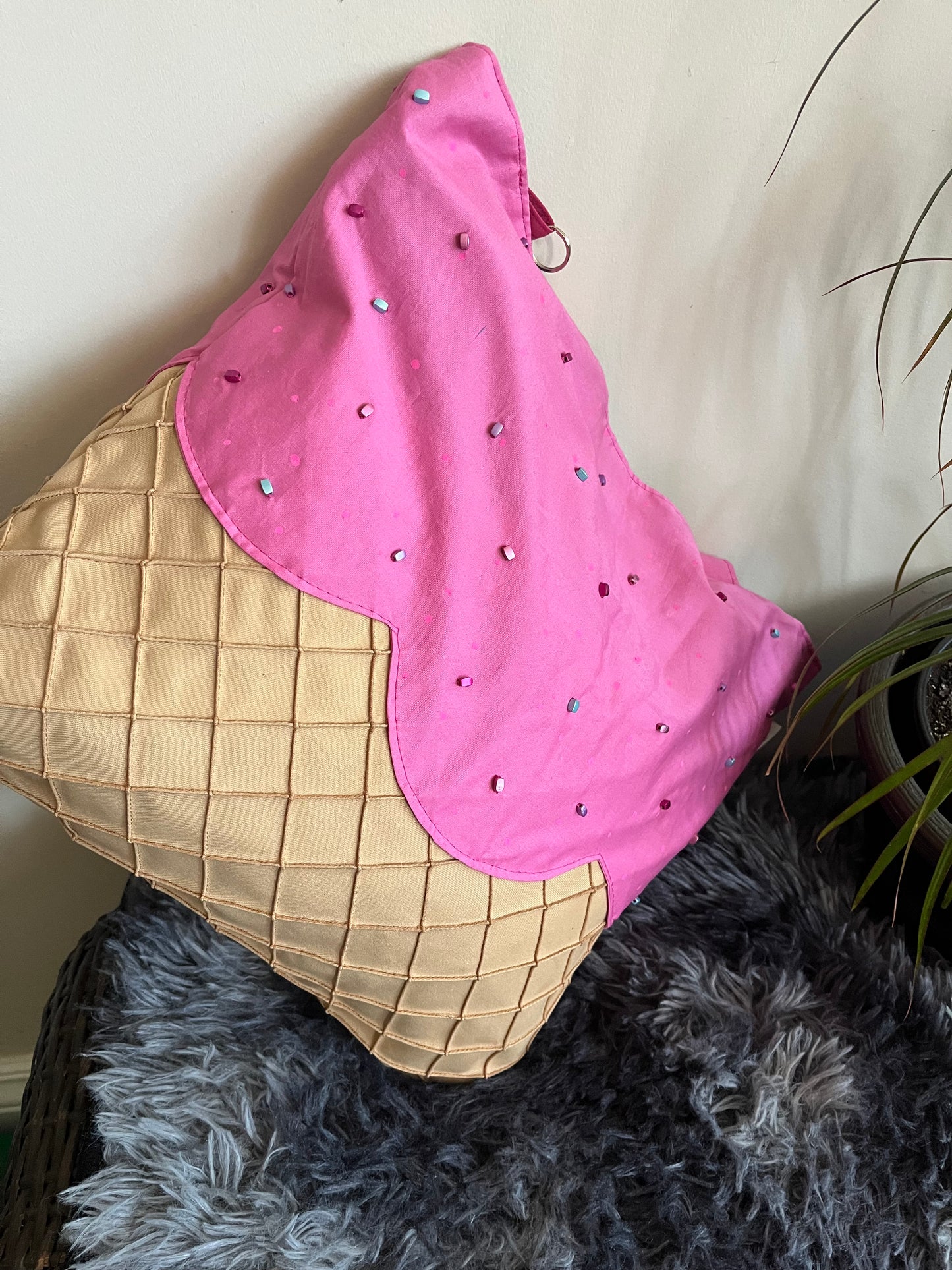 Strawberry Sprinkle Ice Cream Cone – Handmade Textured Waffle Effect, a Soft Bright Pink Top with Coloured Beads Medium Tote