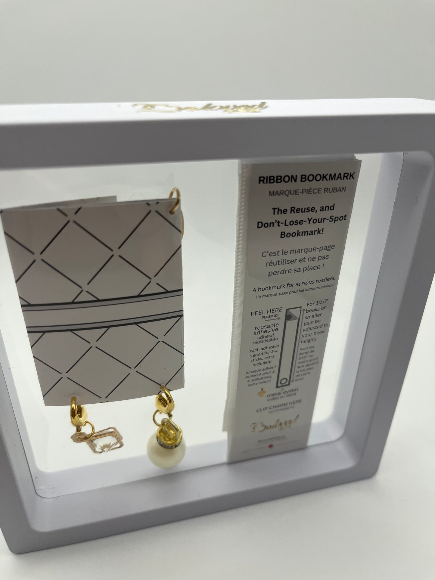 "Good Things Come to Those Who Read" – White Satin Reusable Adhesive Book-It™ Bookmark with Two Charms in Gift Box + Hidden Scratch Gift Message