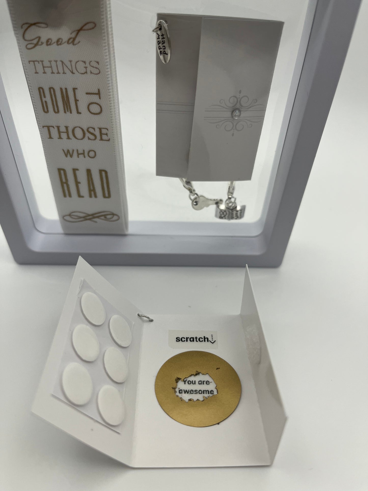 "Good Things Come to Those Who Read" – White Satin Reusable Adhesive Book-It™ Bookmark with Two Charms in Gift Box + Hidden Scratch Gift Message