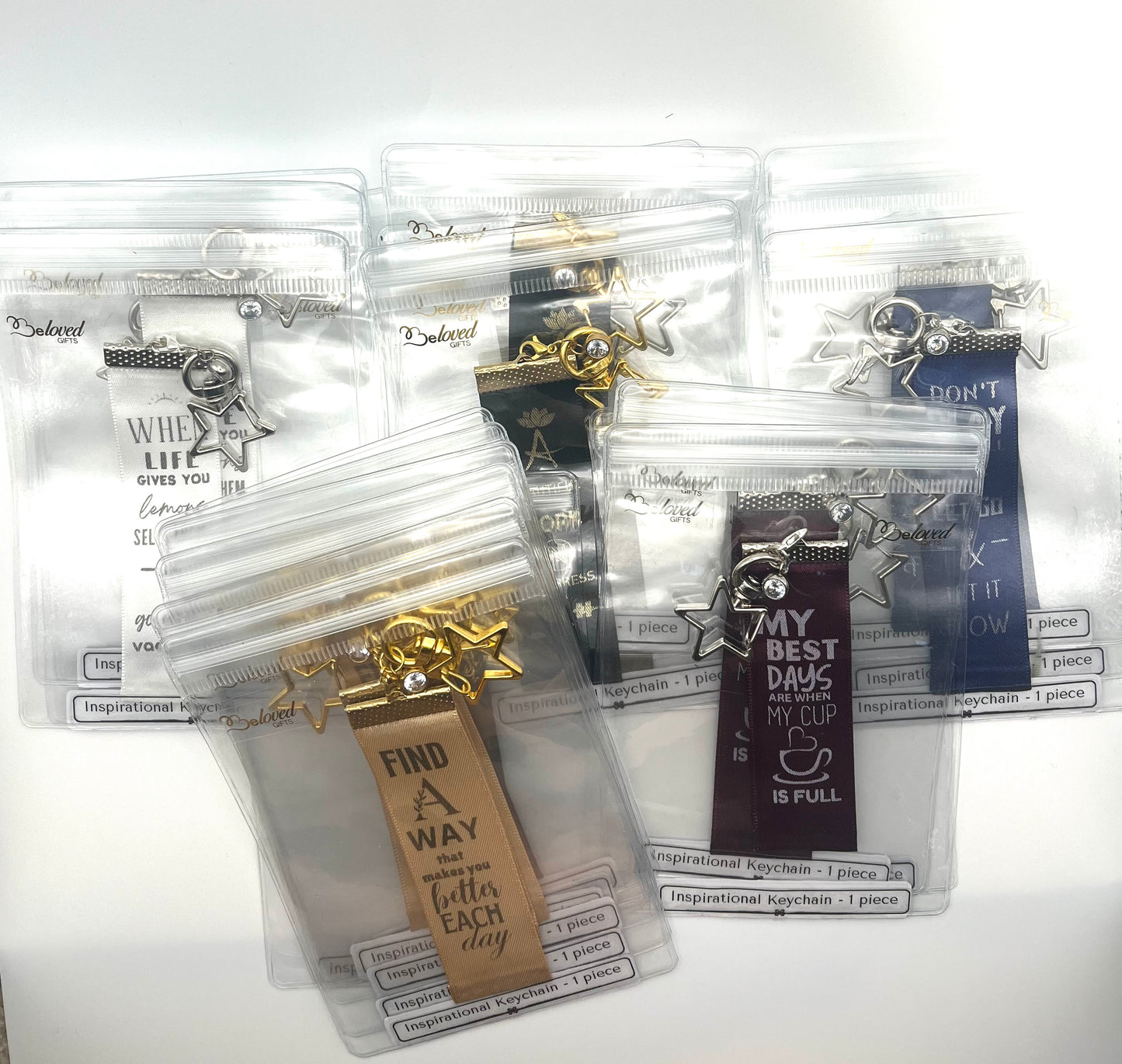 A Little Suga Makes Life a ‘Lil Sweeter –– Inspirational Keychain Gift - Pink Ribbon with Grey Text - Silver Swivel Star Keyring and Gem